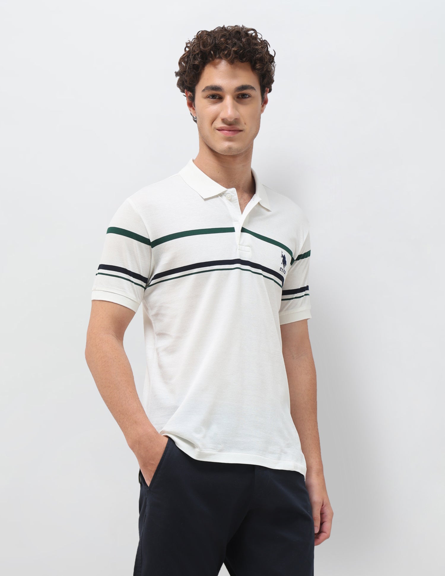 Horizontal Striped Slim Fit Polo Shirt White - U.S. Polo Assn. India | Large