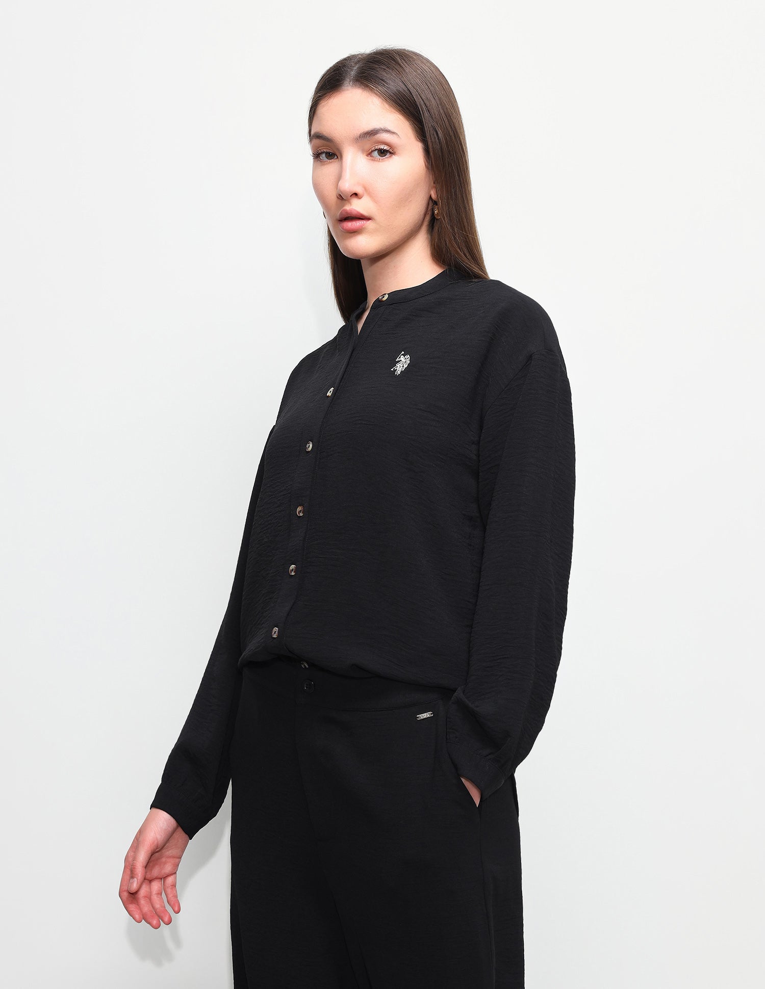 Solid Relaxed Fit Mandarin Shirt Black - U.S. Polo Assn. India | Large