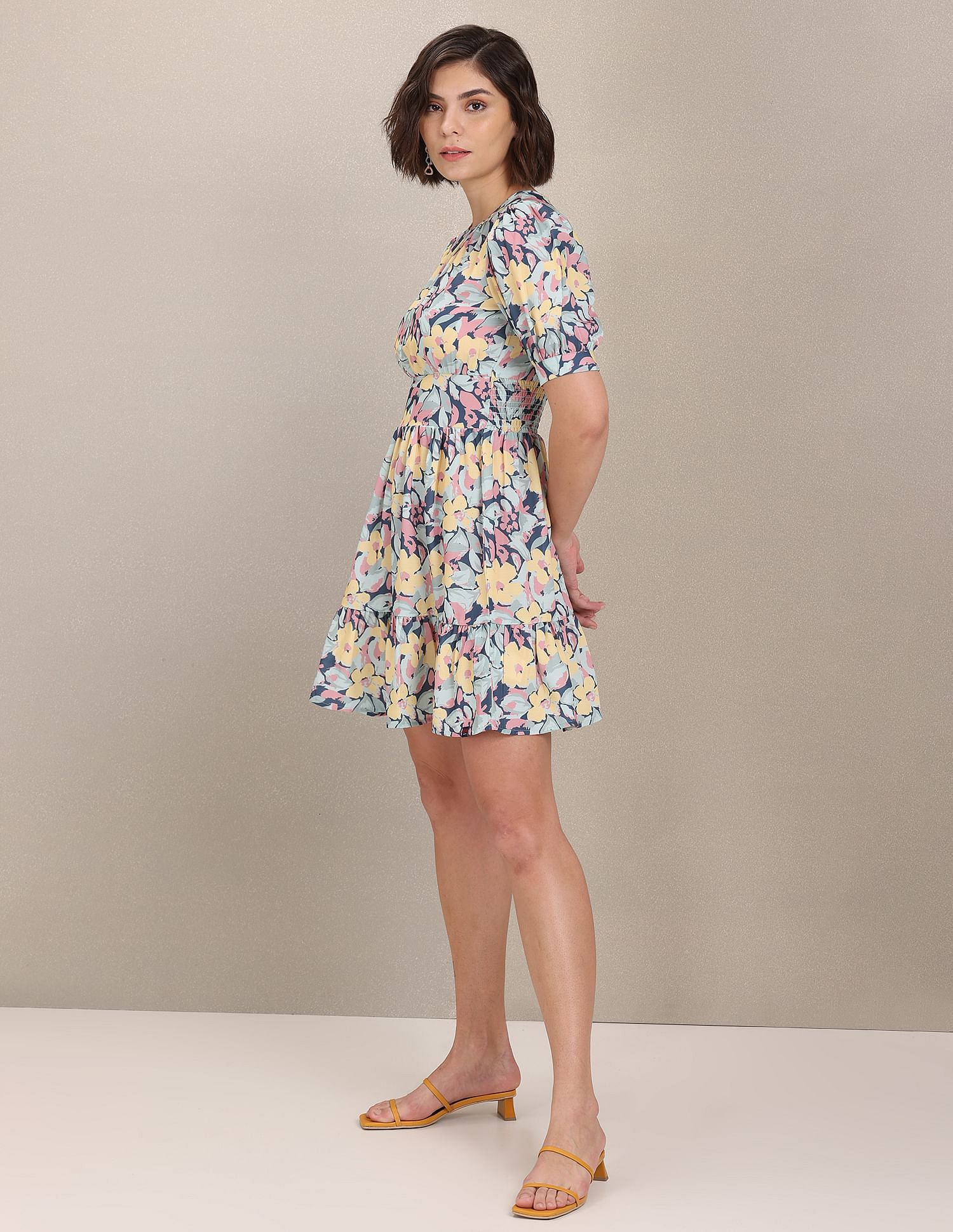 Puffed Sleeve Floral Fit And Flare Dress Aqua - U.S. POLO ASSN. | Large