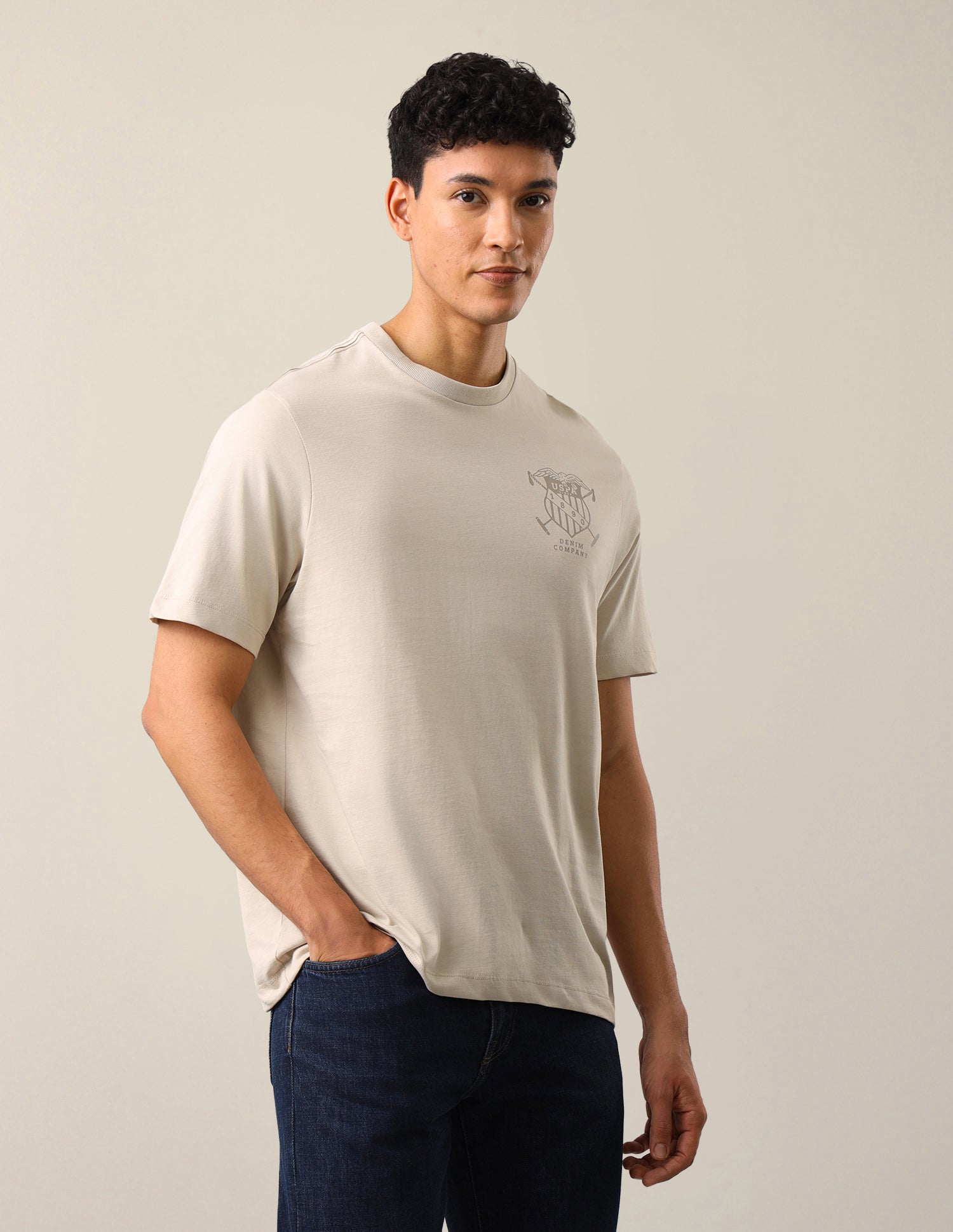 Graphic Brand Printed Relaxed Fit T-Shirt Beige - U.S. Polo Assn. India | Large