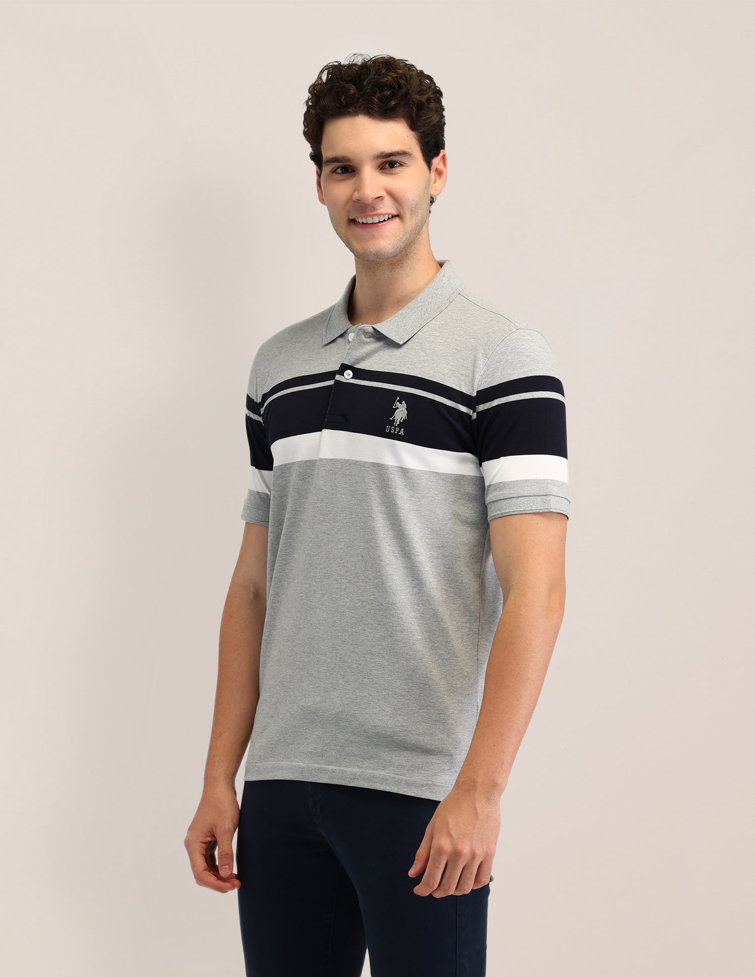 Horizontal Striped Slim Fit Polo Shirt Light Grey - U.S. Polo Assn. India | Large