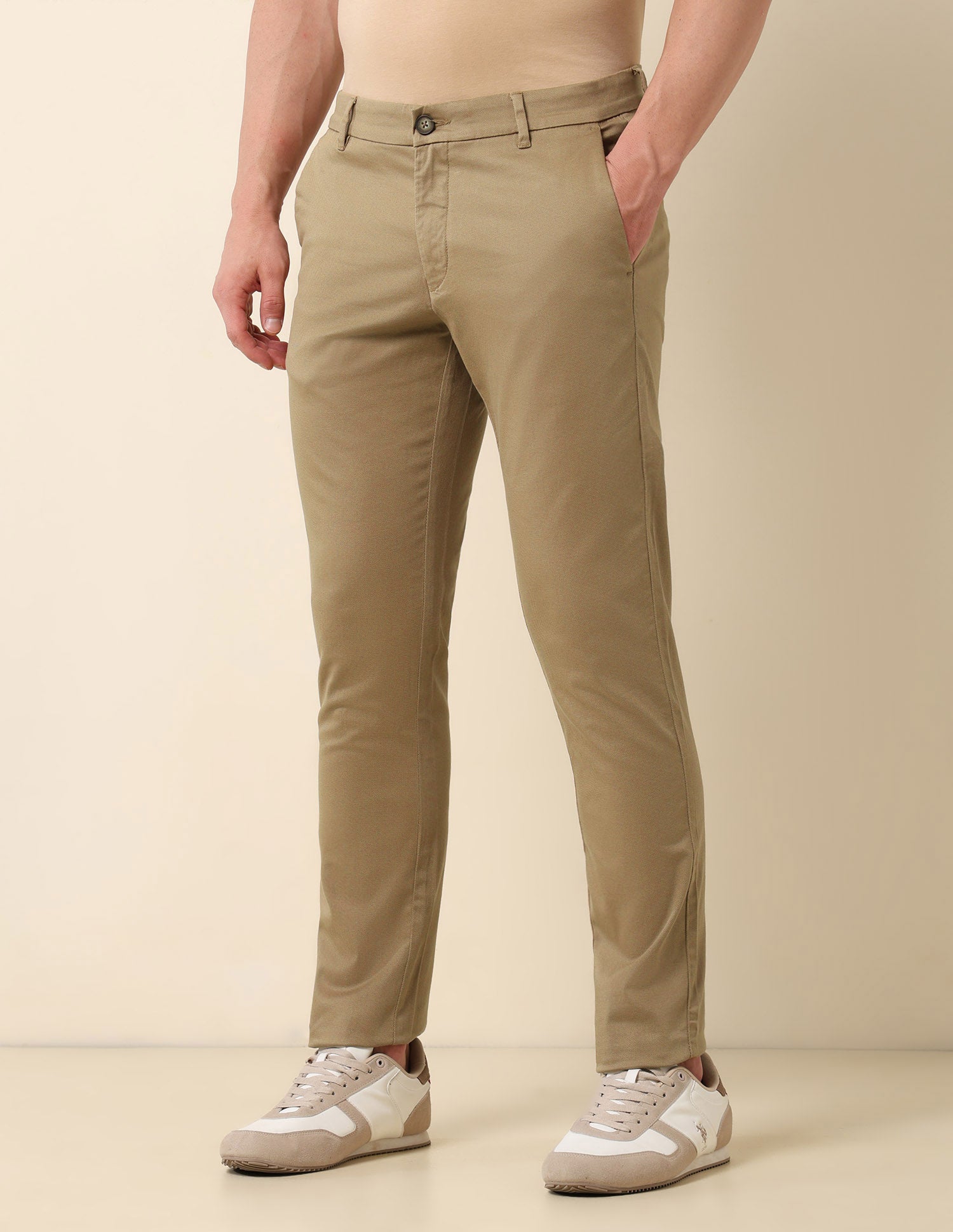 Textured Slim Fit Trousers Dark Khaki - U.S. Polo Assn. India | Large