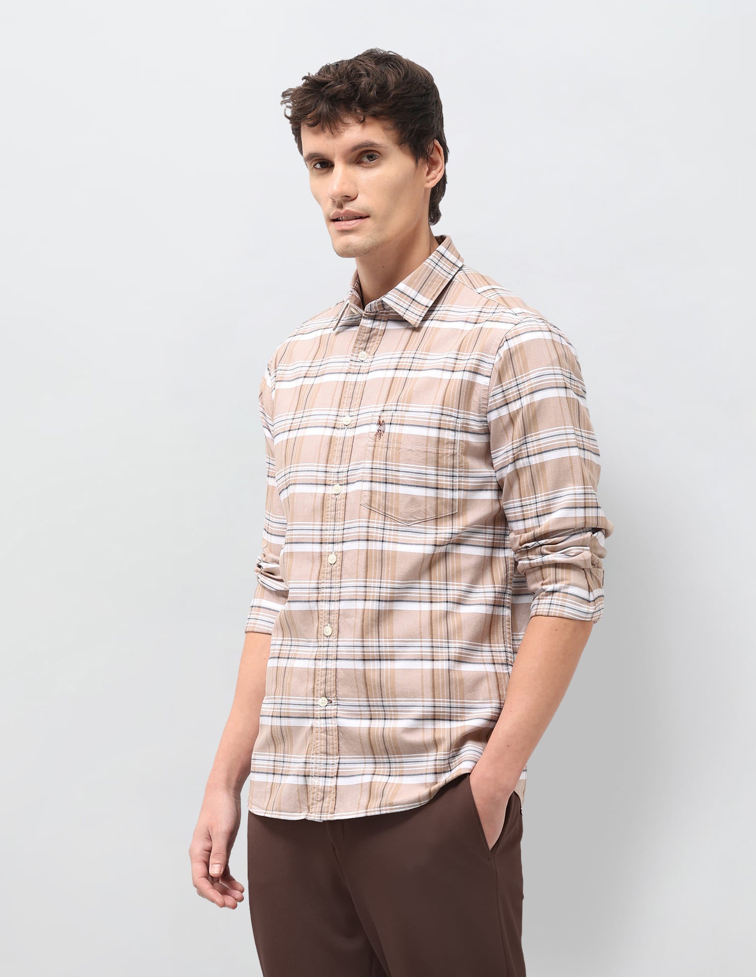 Plaid Checked Tailored Fit Shirt Beige - U.S. Polo Assn. India | Large