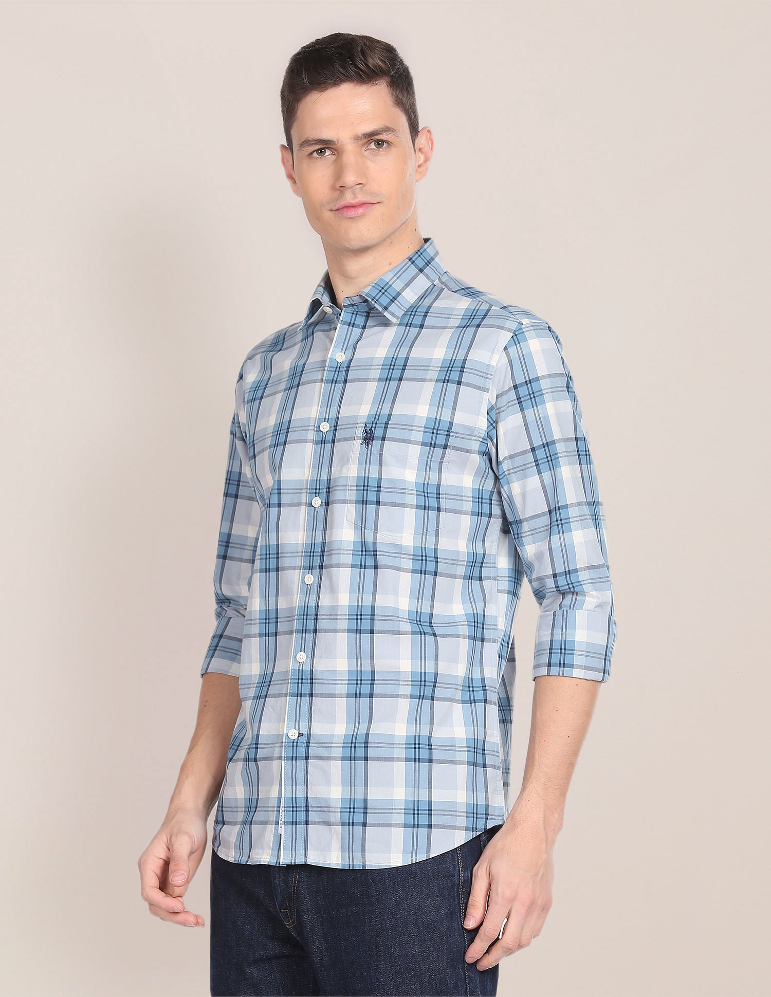 Tartan Check Cotton Casual Shirt Light Blue - U.S. POLO ASSN. | Large