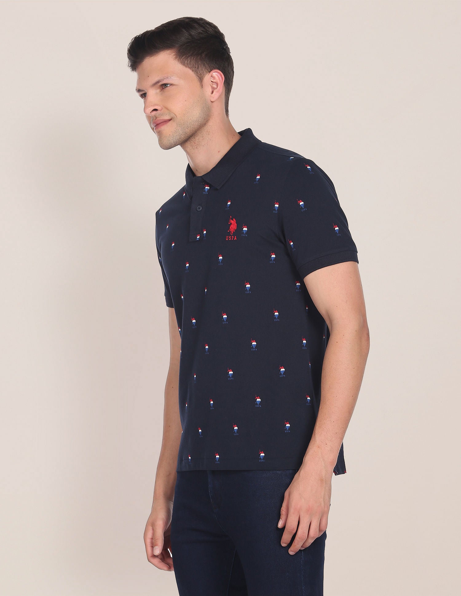 Monogram Print Cotton Polo Shirt Navy - U.S. Polo Assn. India | Large