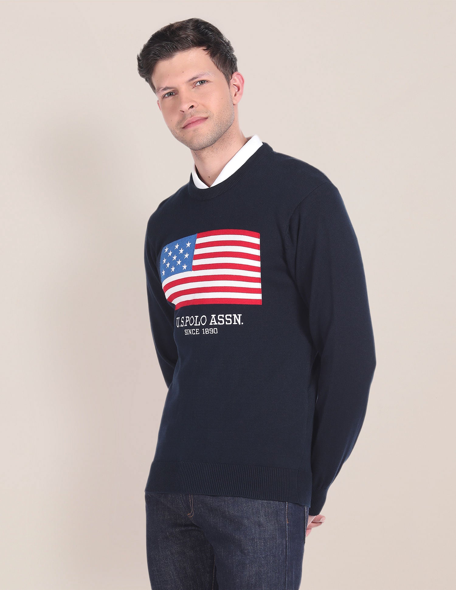 Crew Neck Brand Embroidered Sweater Navy - U.S. POLO ASSN. | Large