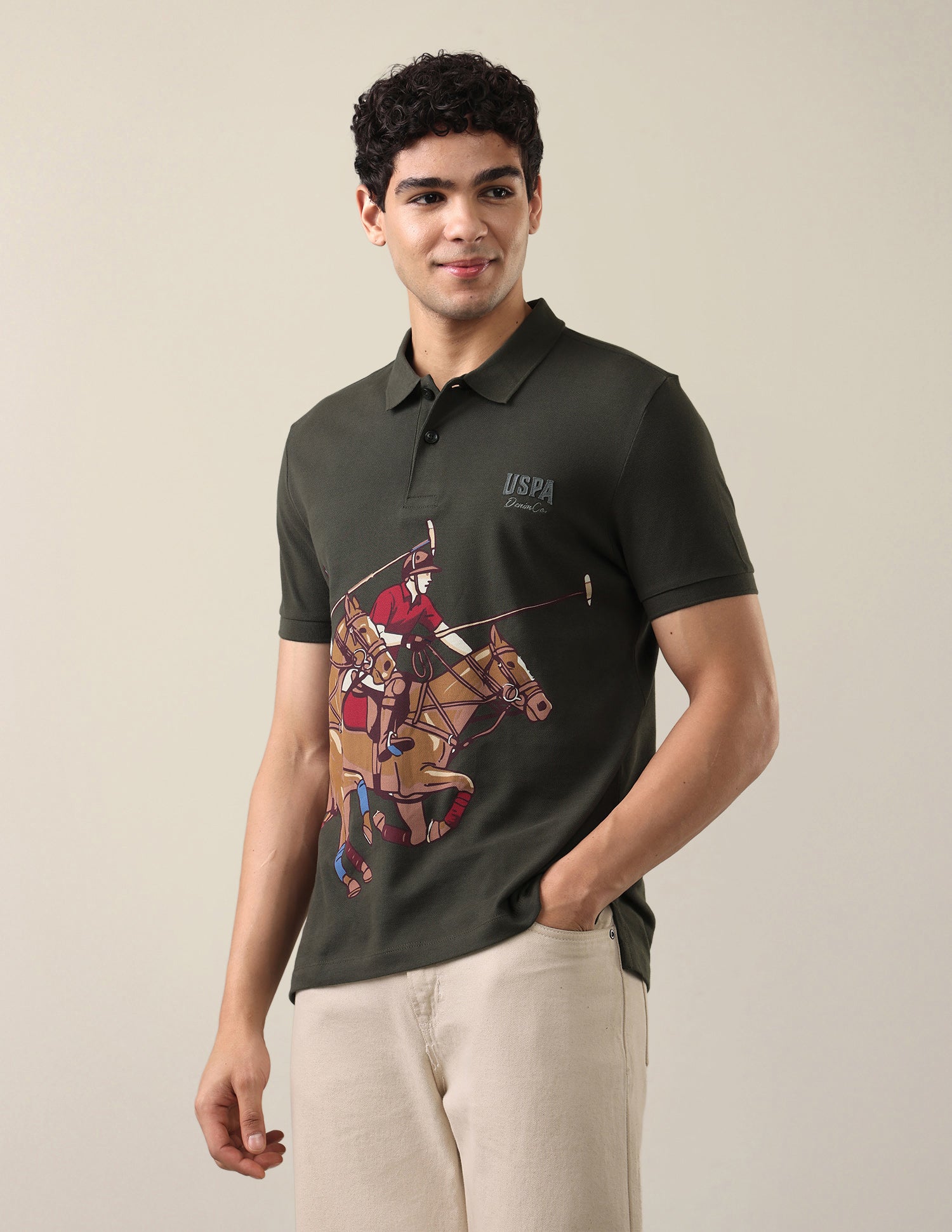 Graphic Brand Printed Slim Fit Polo Shirt Olive - U.S. Polo Assn. India | Large