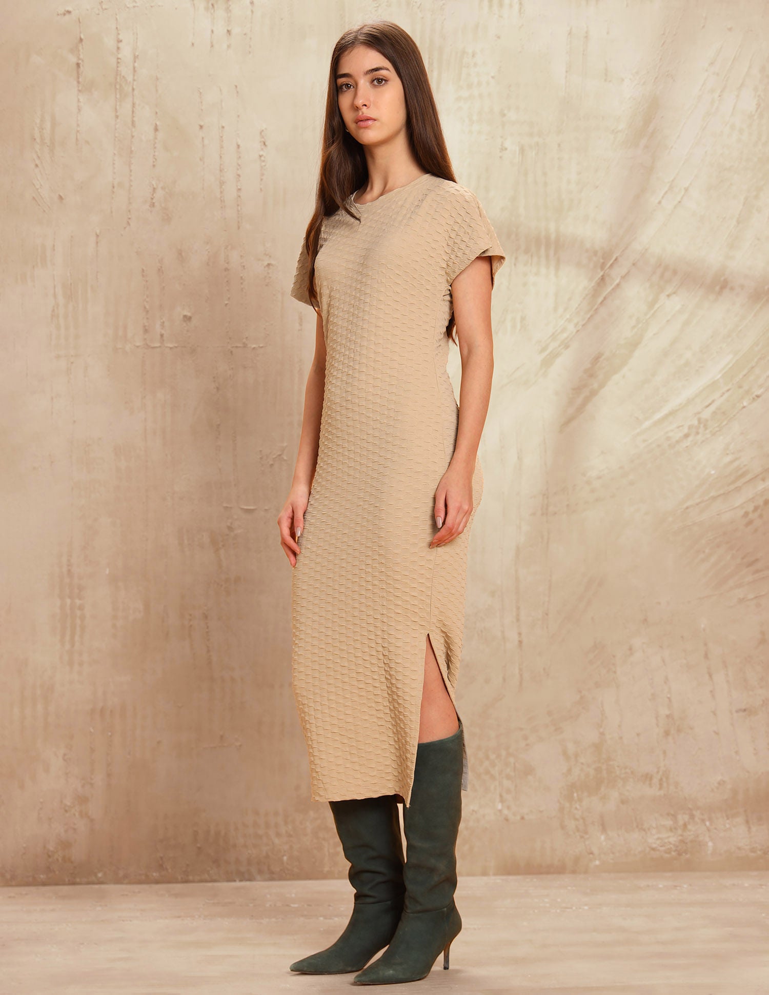 Textured Midi Shift Dress Beige - U.S. Polo Assn. India | Large