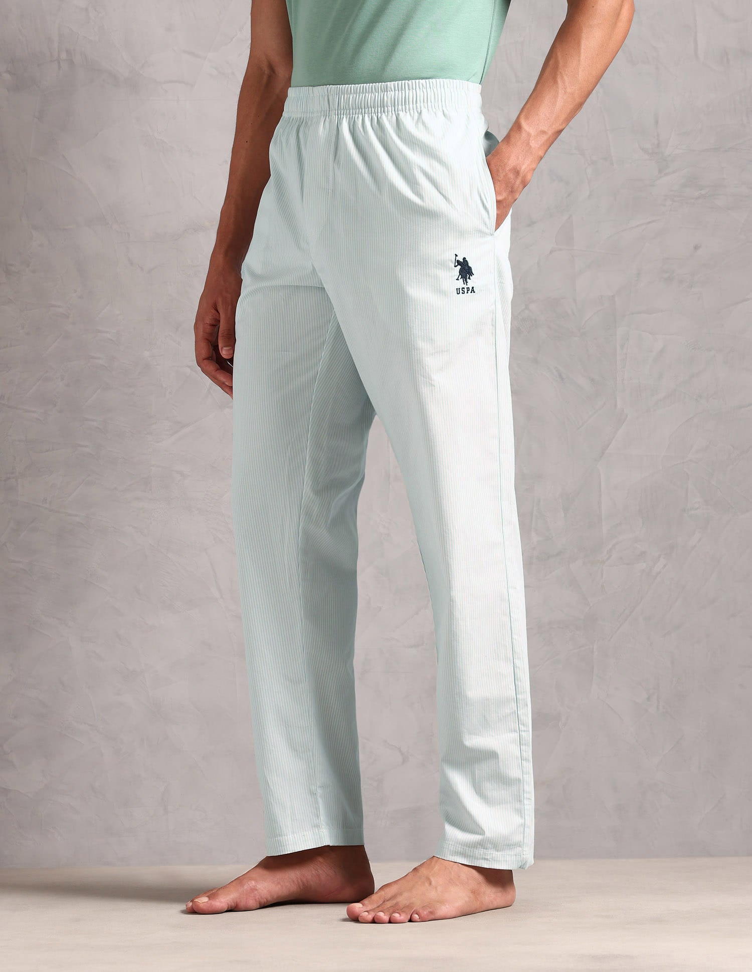 Pure Cotton Striped LP004 Lounge Pants - Pack Of 1 White and Light Blue - U.S. Polo Assn. India | Large