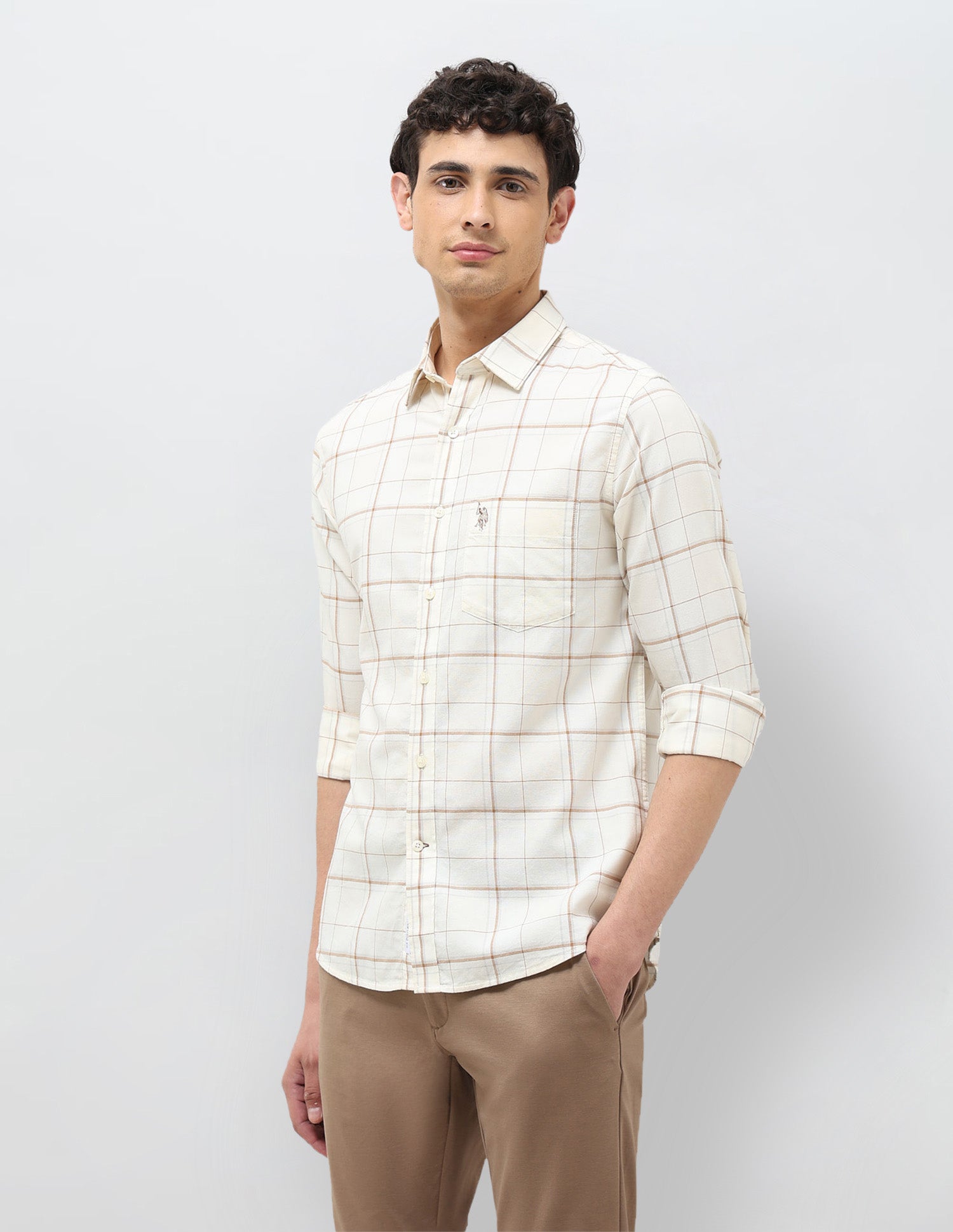 Windowpane Checked Tailored Fit Shirt Ivory - U.S. POLO ASSN. | Large