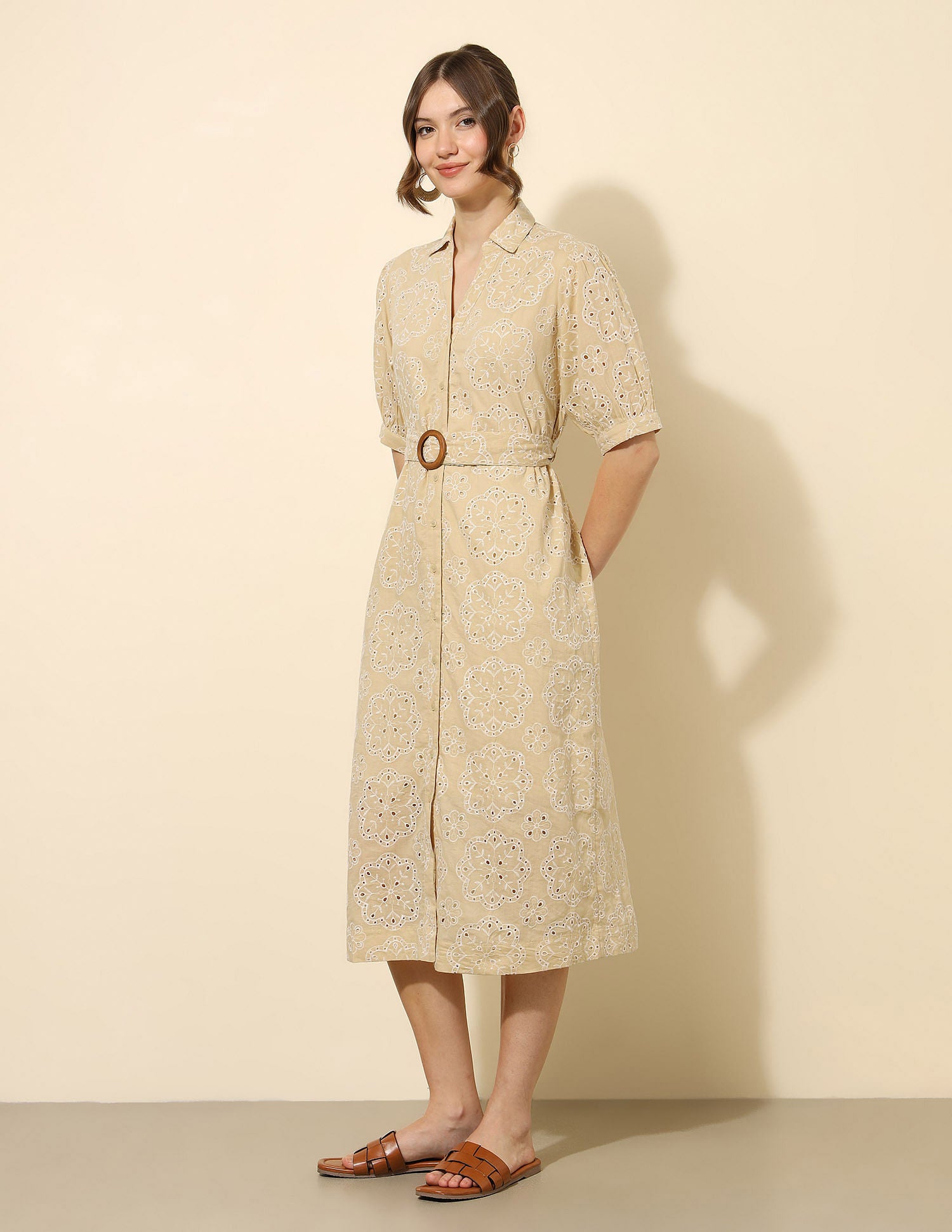 Schiffli Midi Shirt Dress Beige - U.S. Polo Assn. India | Large