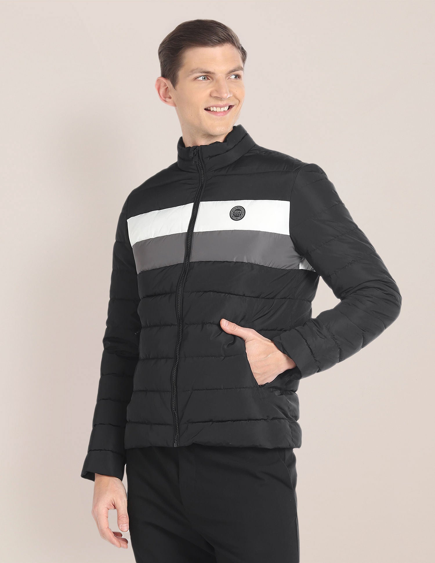 High Neck Striped Puffer Jacket Black - U.S. POLO ASSN. | Large