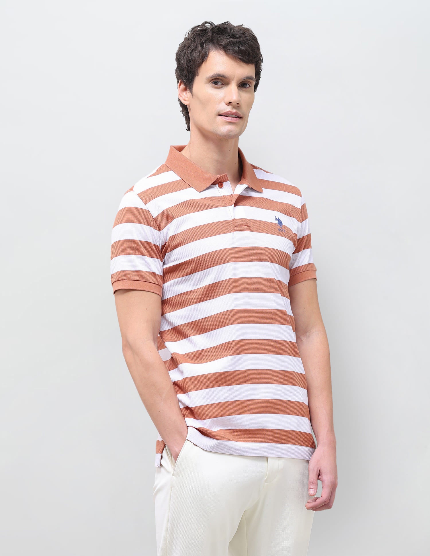 Horizontal Striped Slim Fit Polo Shirt Pink - U.S. Polo Assn. India | Large