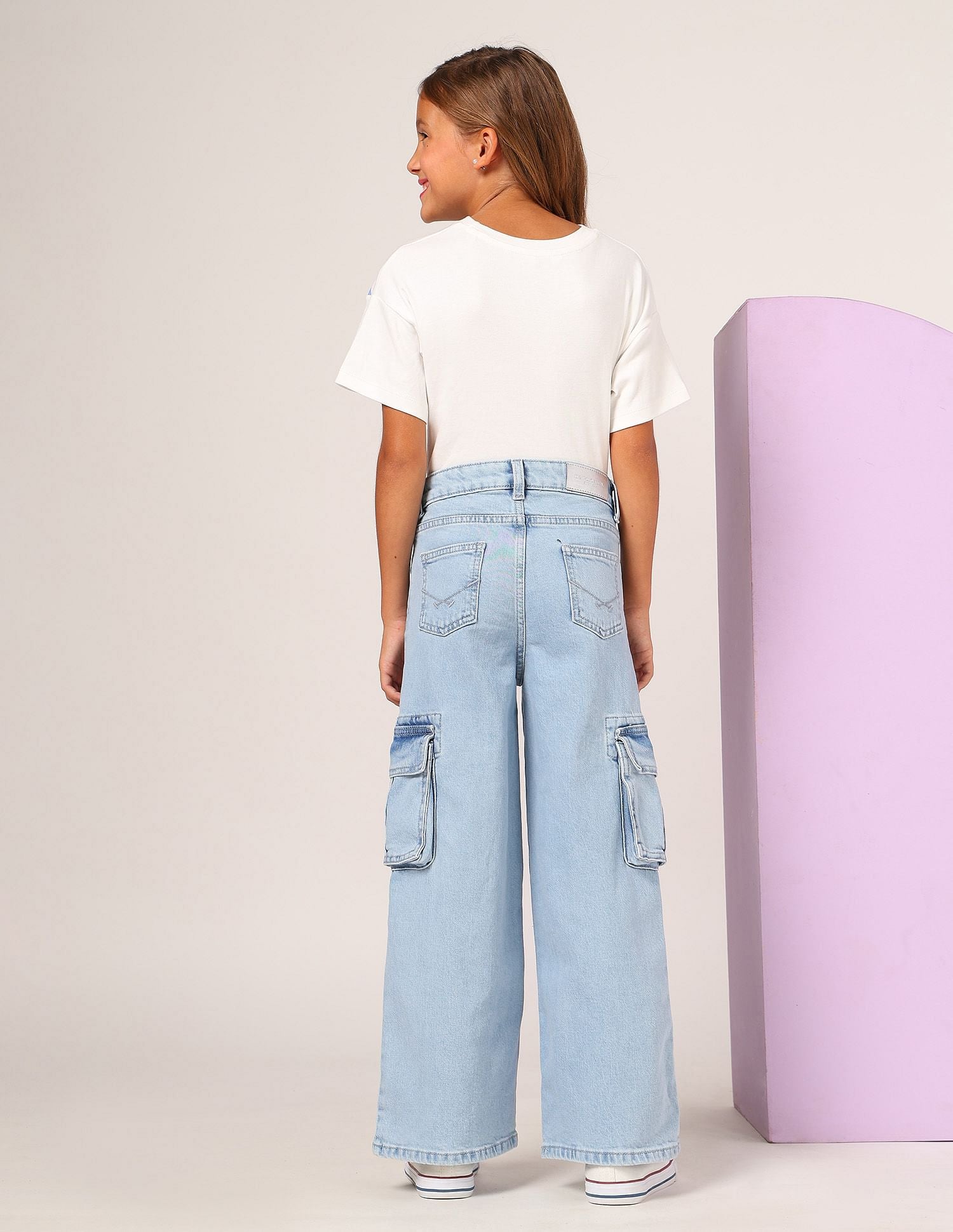 Girls Wide Leg Fit Cargo Jeans Light Blue - U.S. POLO ASSN. | Large