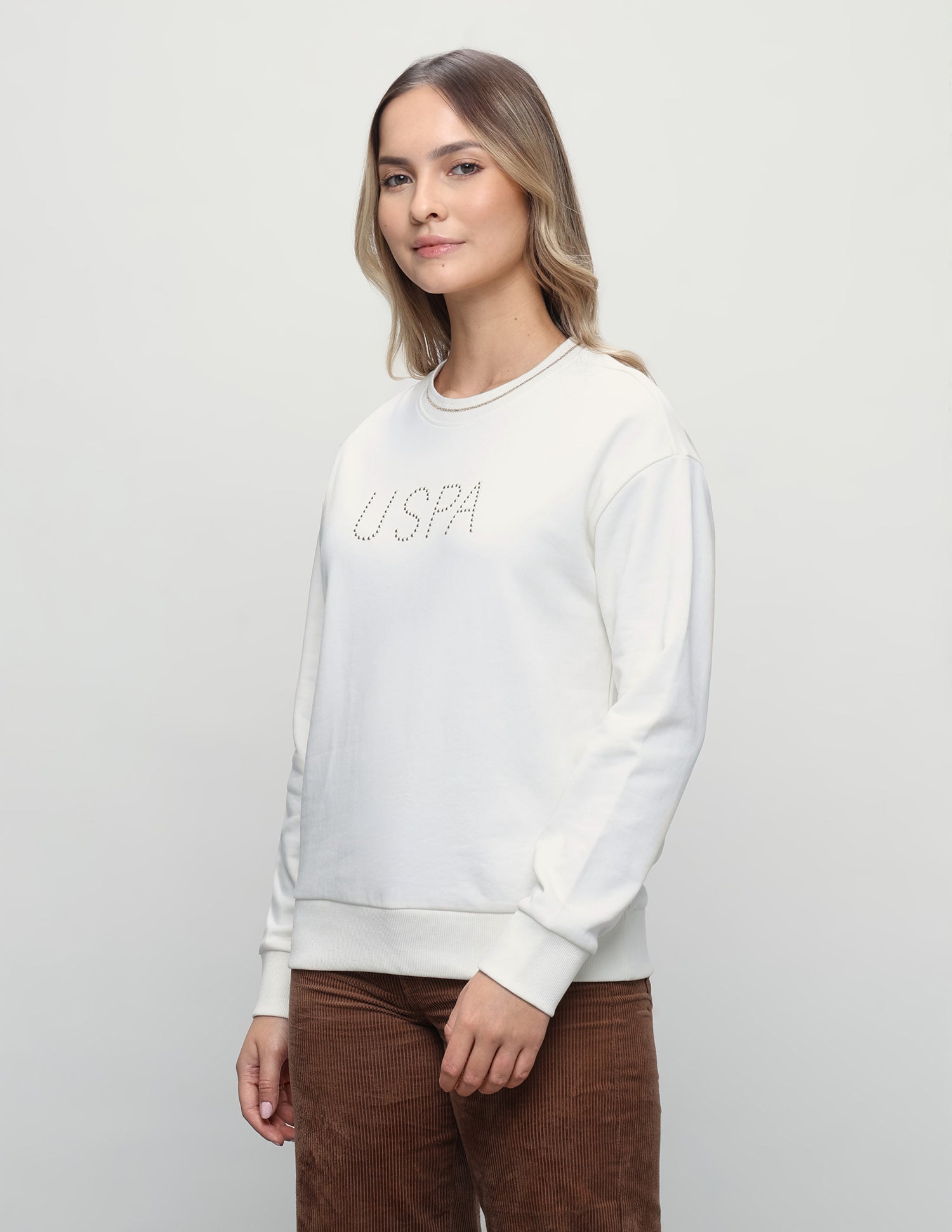 Brand Embellished Relaxed Fit Sweatshirt Off White - U.S. Polo Assn. India | Large