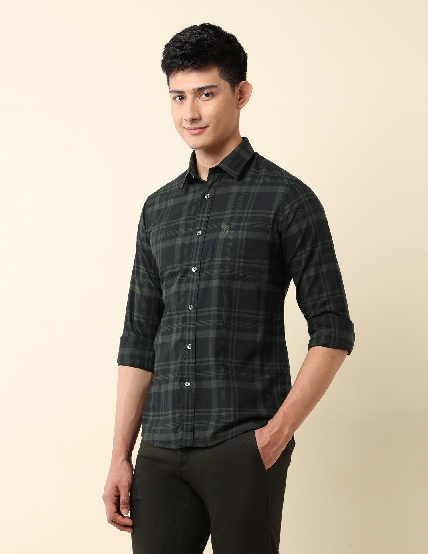 Pure Cotton Tailored Fit Shirt Dark Green - U.S. Polo Assn. India | Large