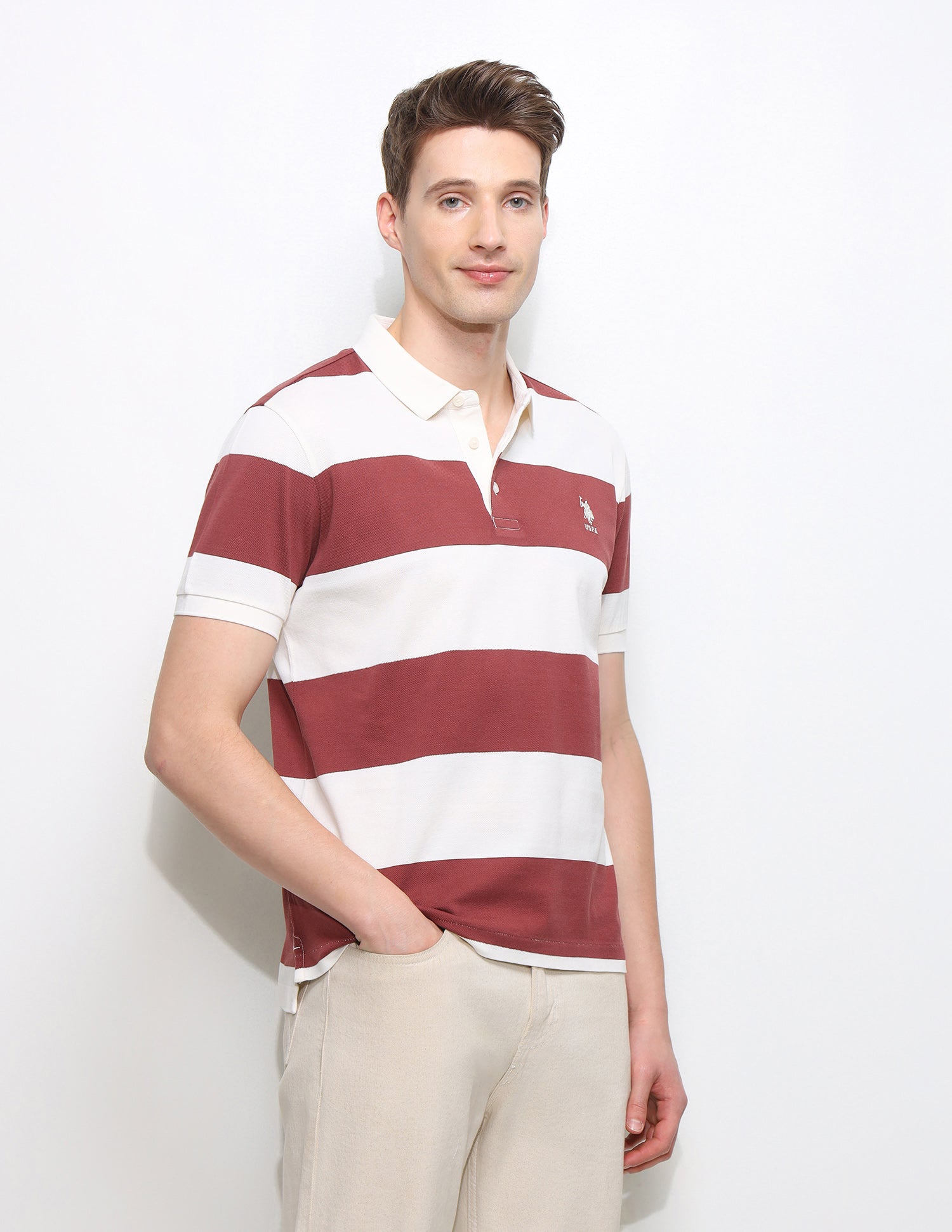 Horizontal Striped Slim Fit Polo Shirt Dark Pink - U.S. Polo Assn. India | Large