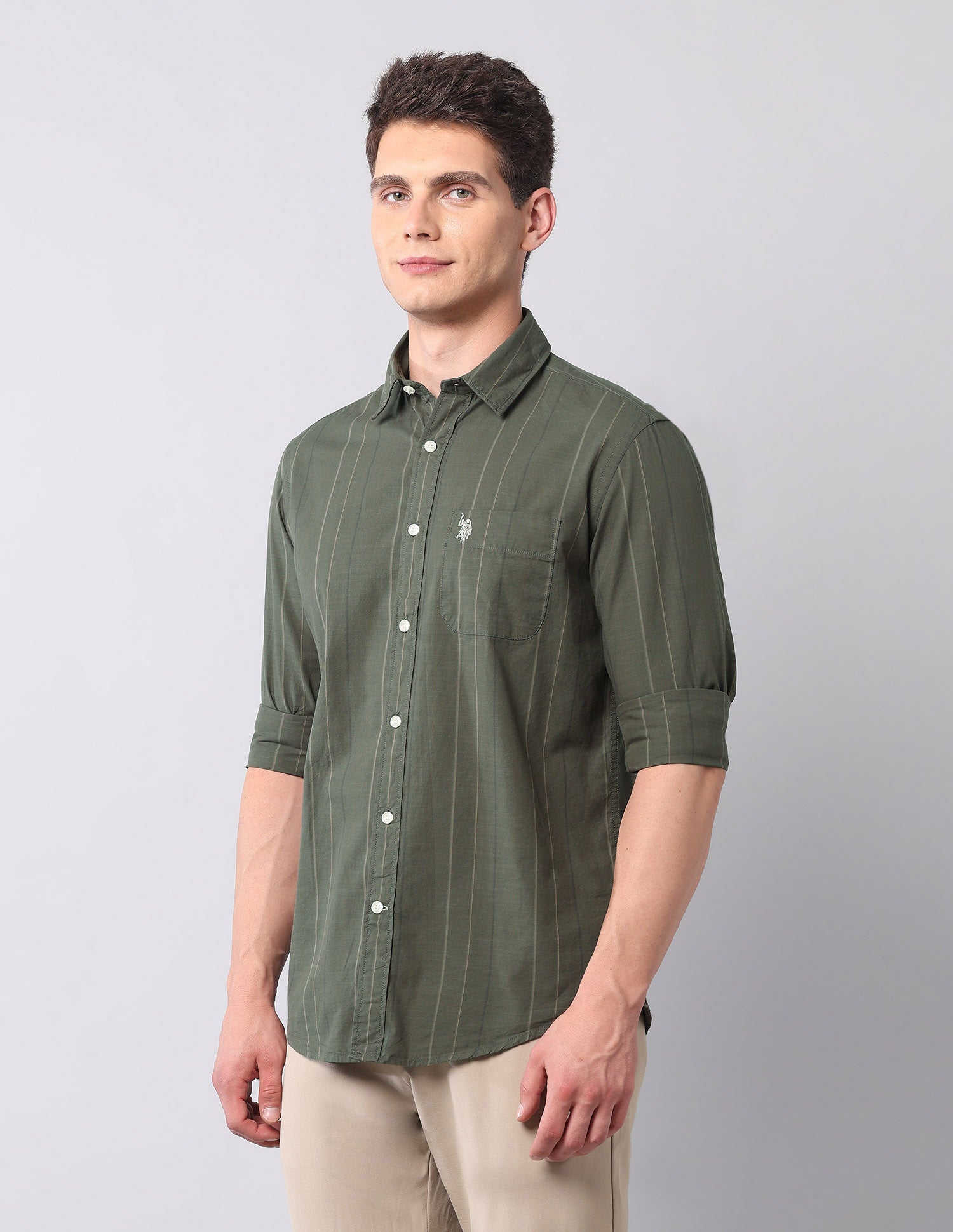 Vertical Striped Pure Cotton Shirt Olive - U.S. Polo Assn. India | Large
