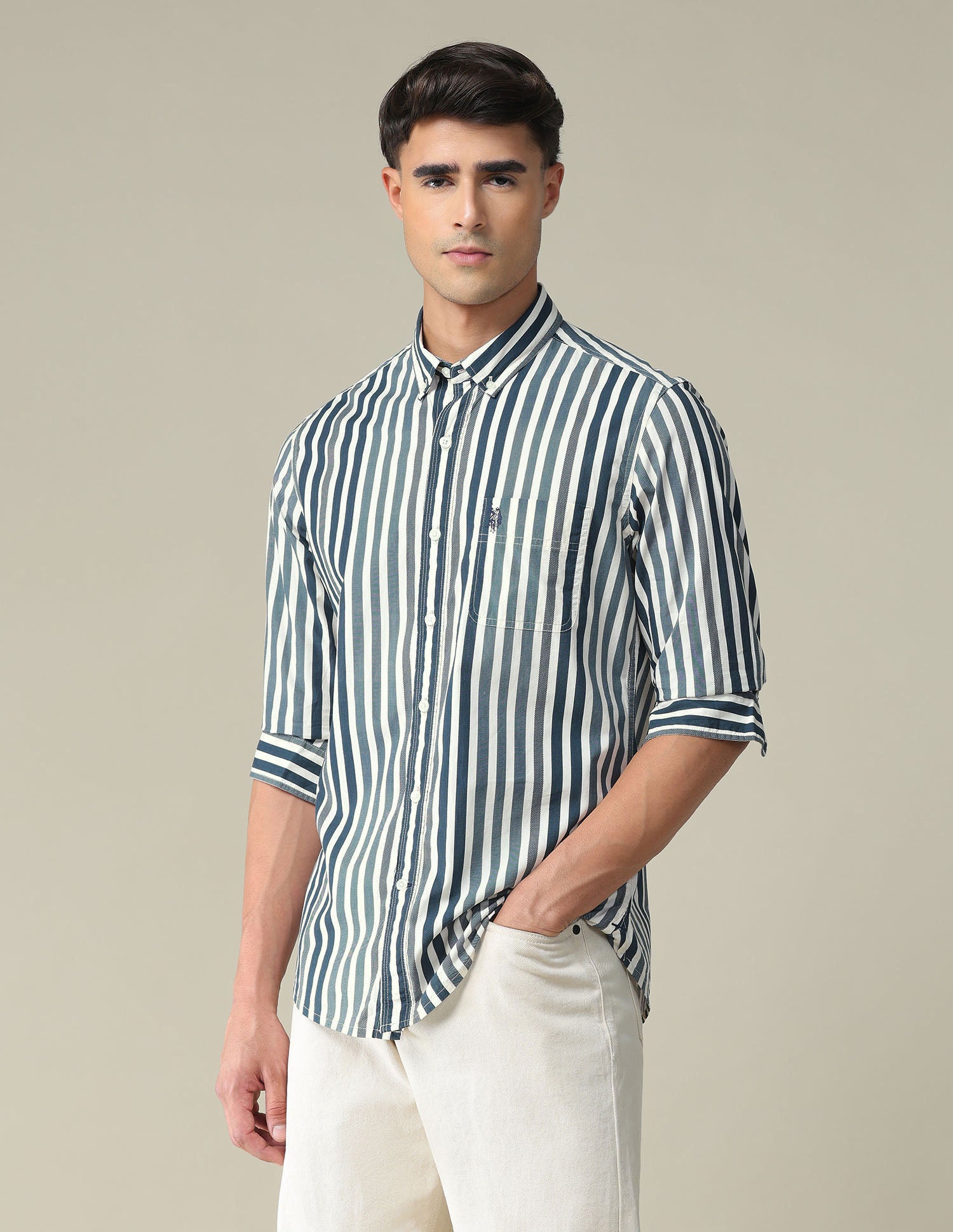 Vertical Stripe Slim Shirt Green and White - U.S. POLO ASSN. | Large