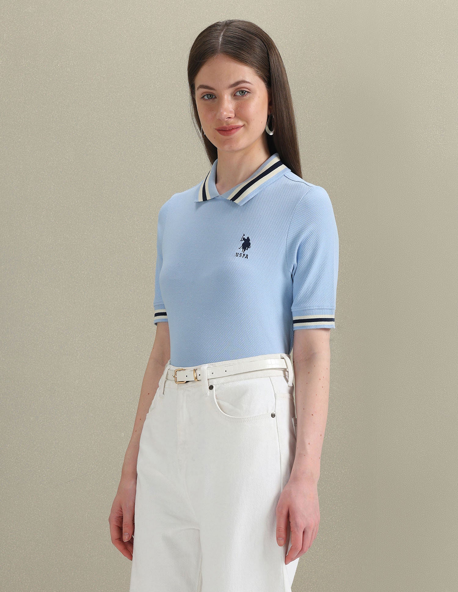 Striped Collar Textured Polo Shirt Light Blue - U.S. Polo Assn. India | Large