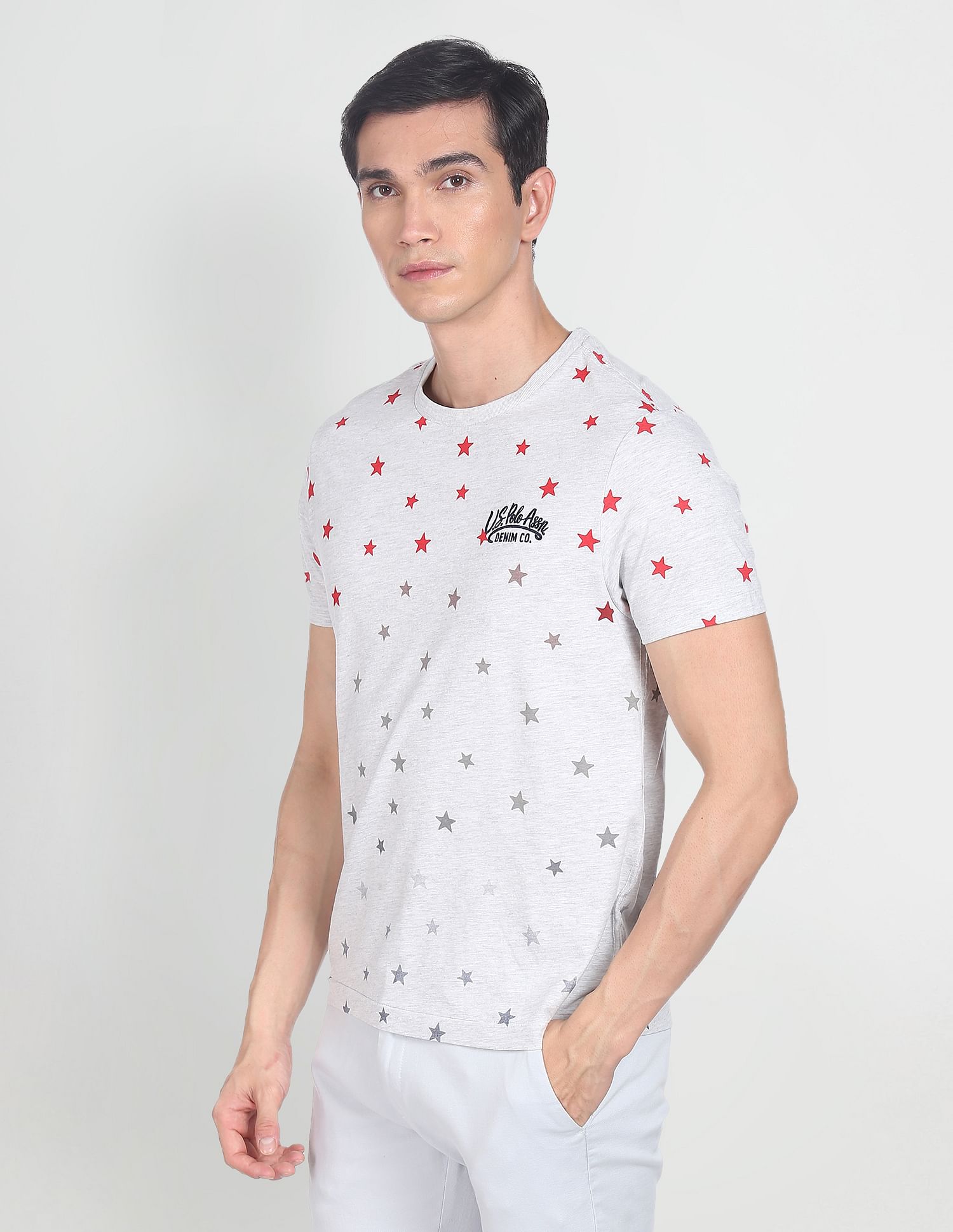 Star Print Heathered T-Shirt Light Grey - U.S. Polo Assn. India | Large