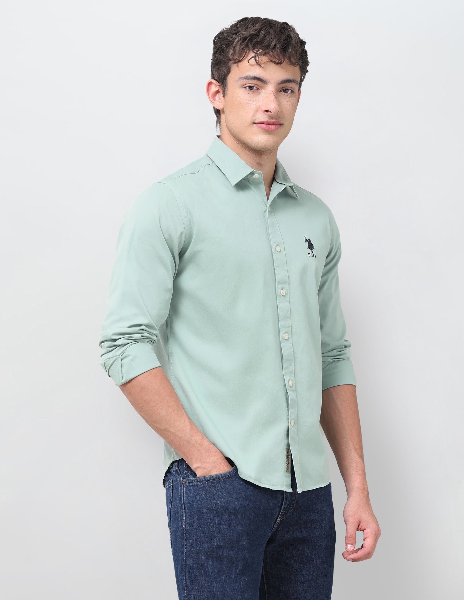 Slim Fit Twill Shirt Light Green - U.S. Polo Assn. India | Large