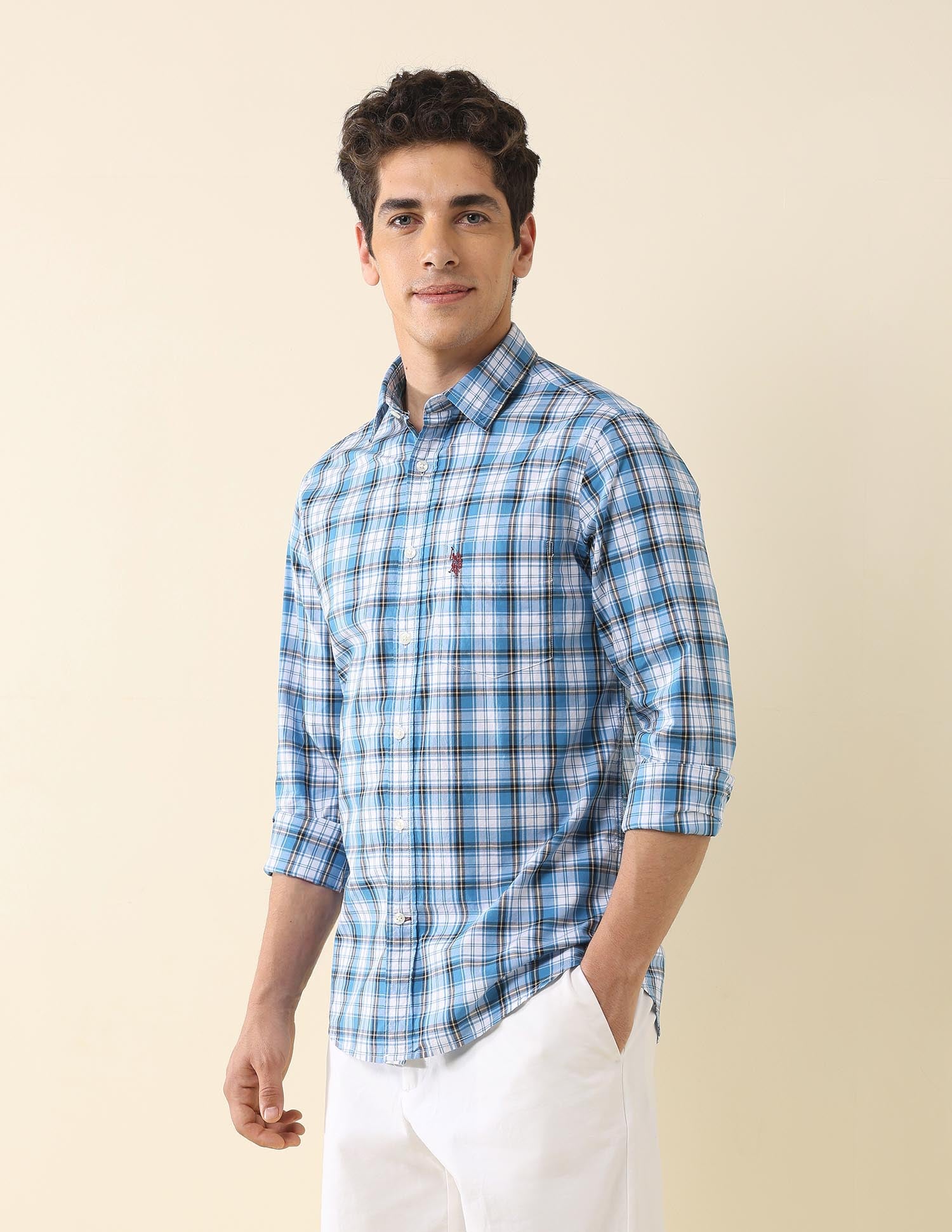 Plaid Checked Tailored Fit Shirt Blue - U.S. Polo Assn. India | Large
