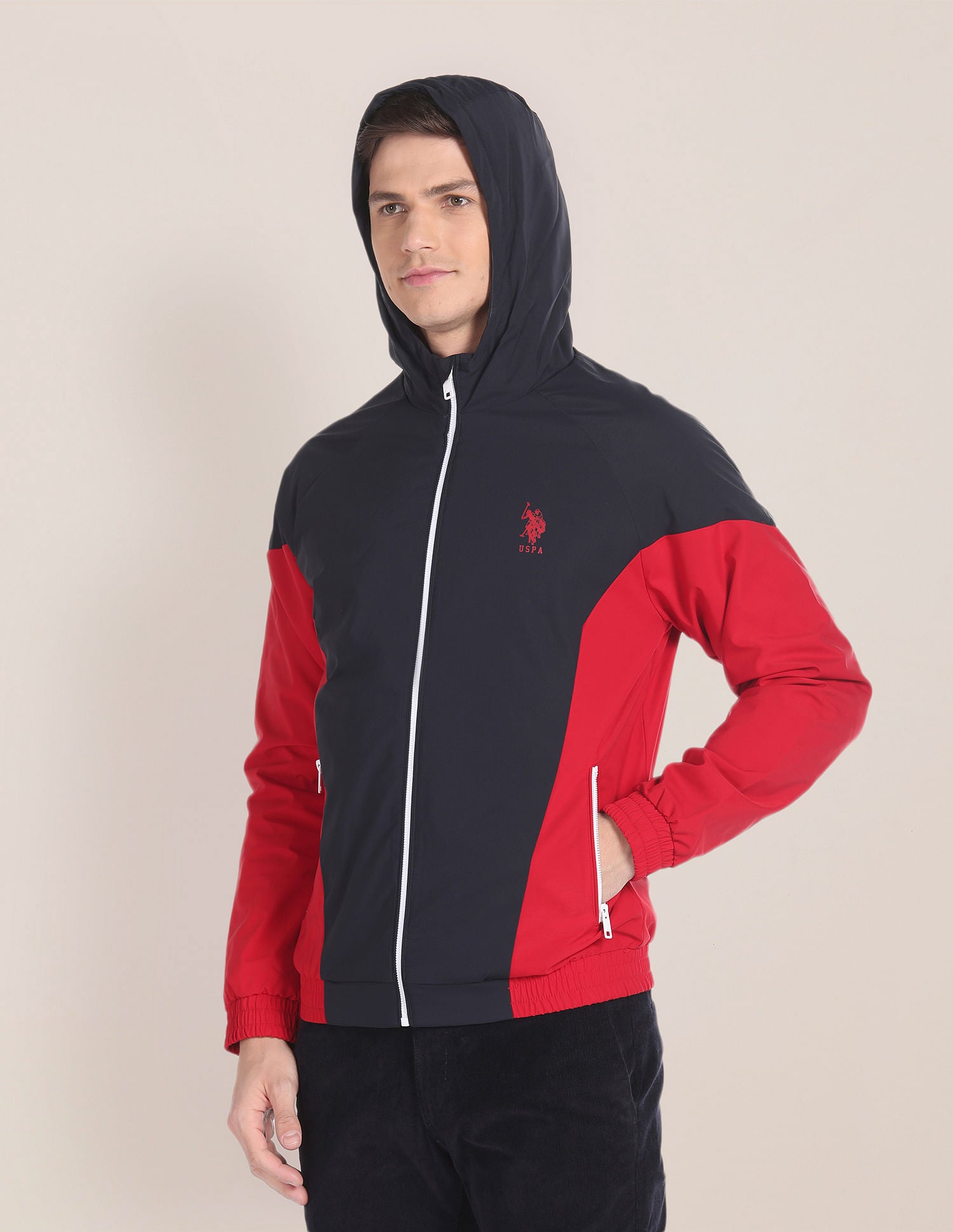 Colour Block Logo Hooded Jacket Navy and Red - U.S. POLO ASSN. | Large