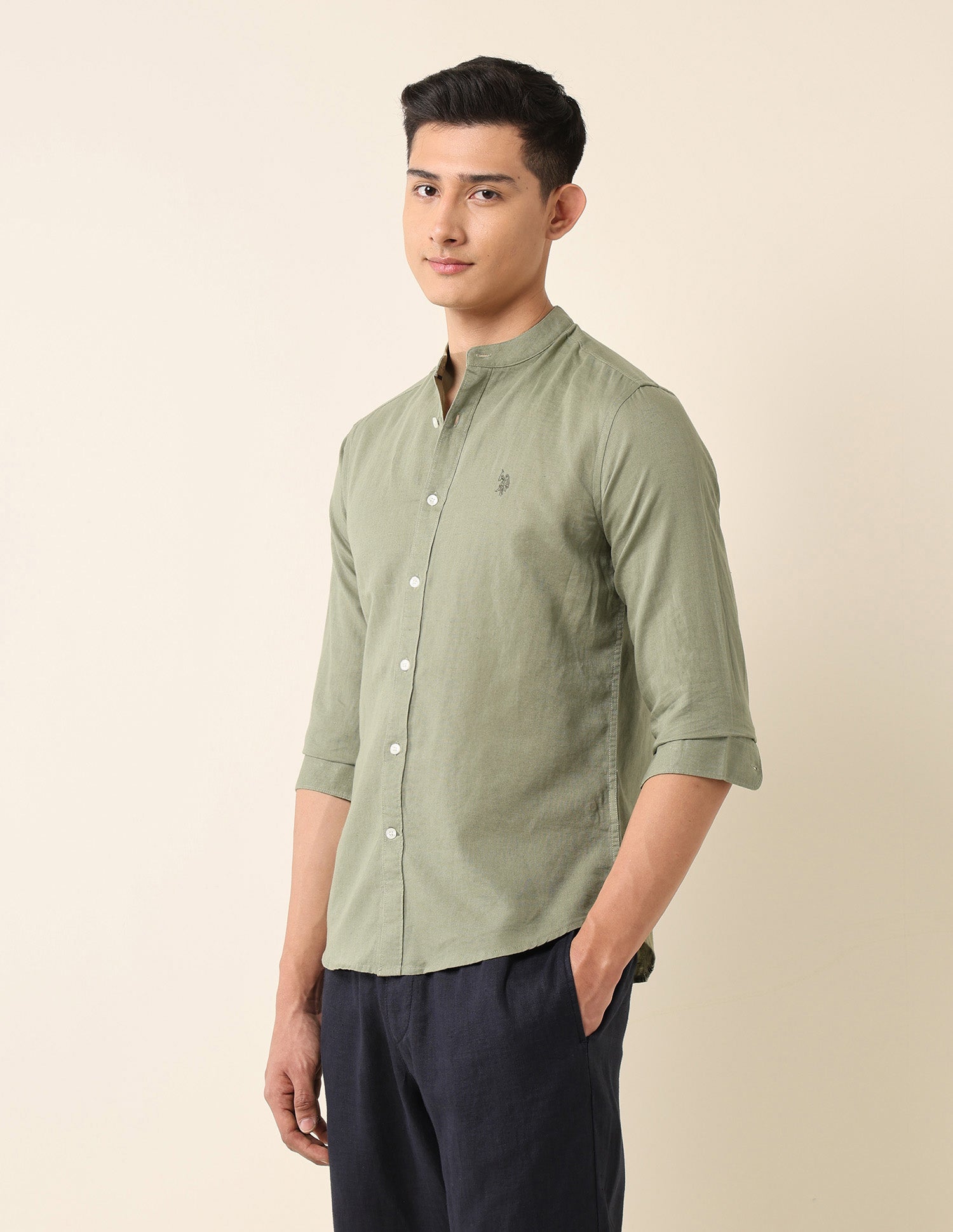 Tailored Fit Mandarin Shirt Light Olive - U.S. Polo Assn. India | Large