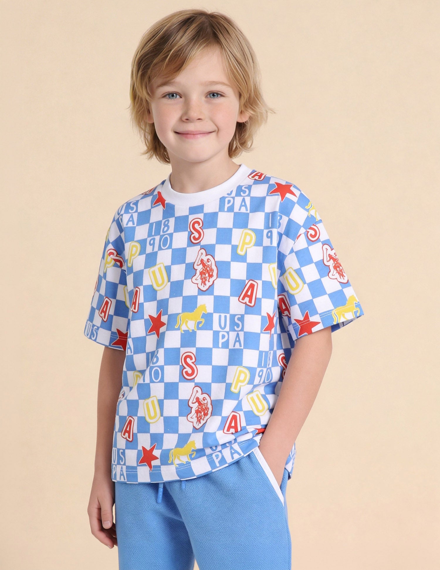 Checked Brand Printed Oversized Fit T-Shirt Light Blue - U.S. Polo Assn. India | Large