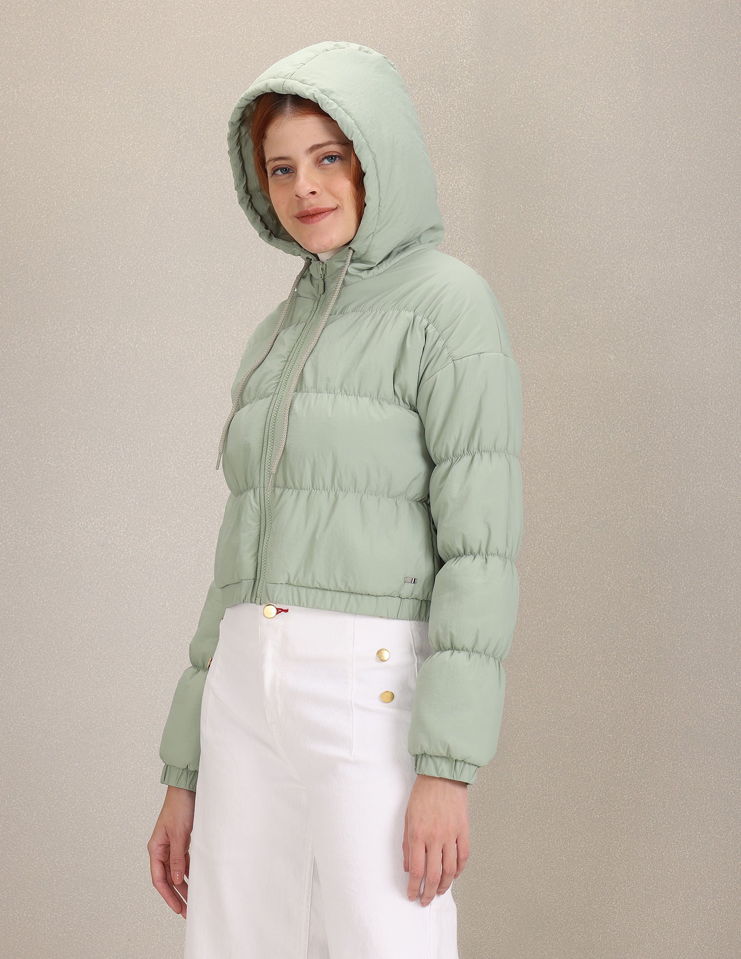 Light Green Gathered Solid Hood Puffer Jacket Light Green - U.S. POLO ASSN. | Large