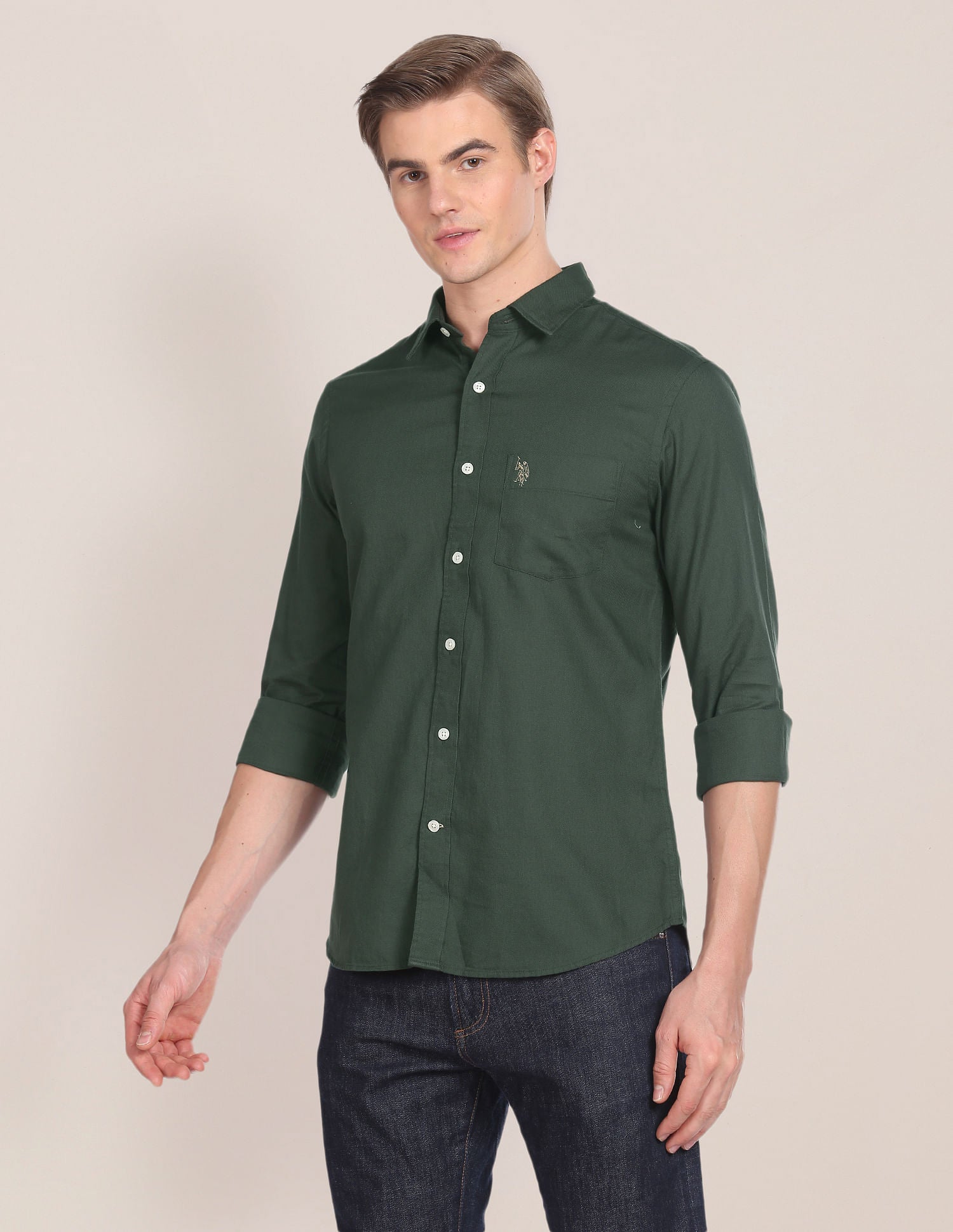 Solid Tailored Fit Shirt Olive - U.S. Polo Assn. India | Large