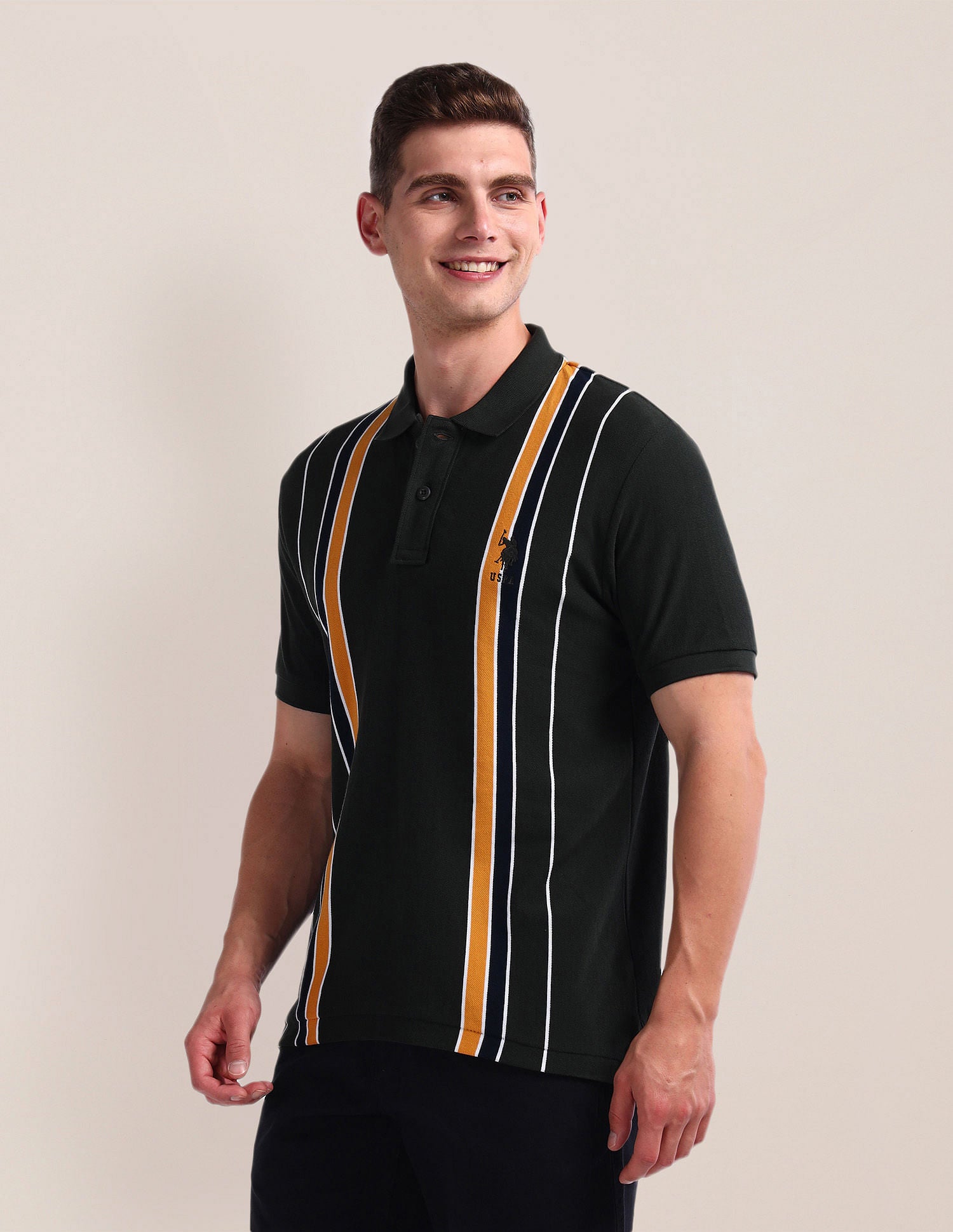 Pure Cotton Stripe Polo Shirt Olive - U.S. Polo Assn. India | Large