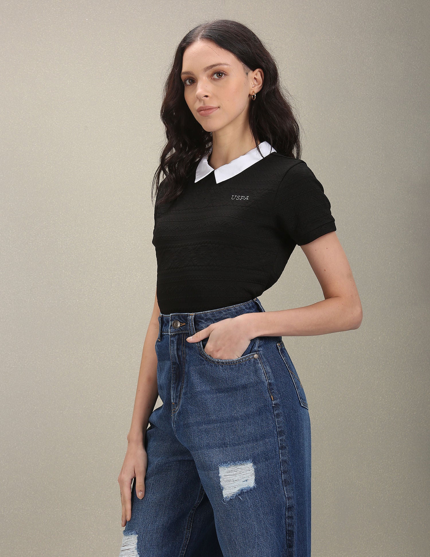 COontrast Collar Patterned Polo Shirt Black - U.S. POLO ASSN. | Large