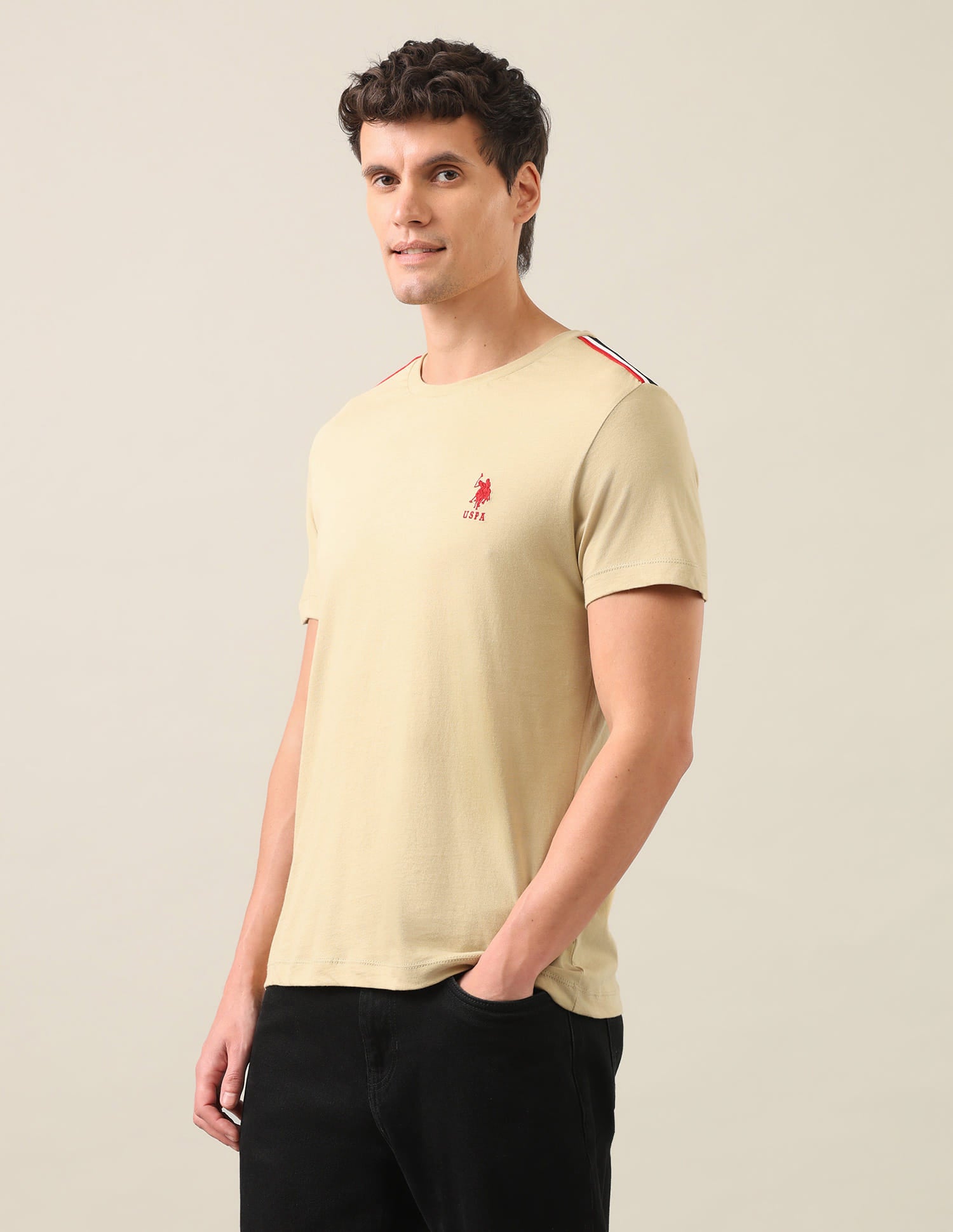 Solid Regular Fit T-Shirt Beige - U.S. Polo Assn. India | Large