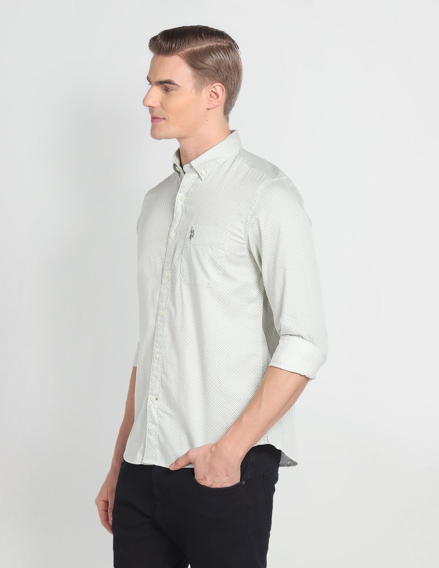 Button Down Collar Geometric Print Shirt Ivory and Green - U.S. Polo Assn. India | Large