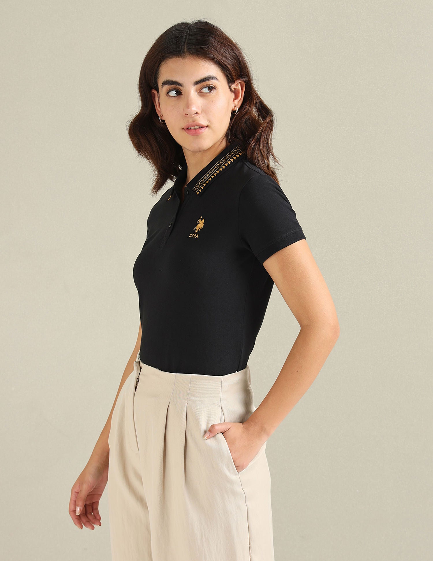 Geometric Detail Pique Polo Shirt Black - U.S. POLO ASSN. | Large