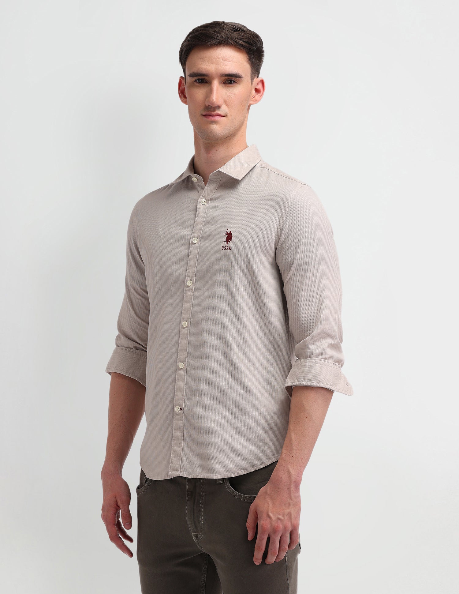 Dobby Slim Fit Shirt Beige - U.S. Polo Assn. India | Large