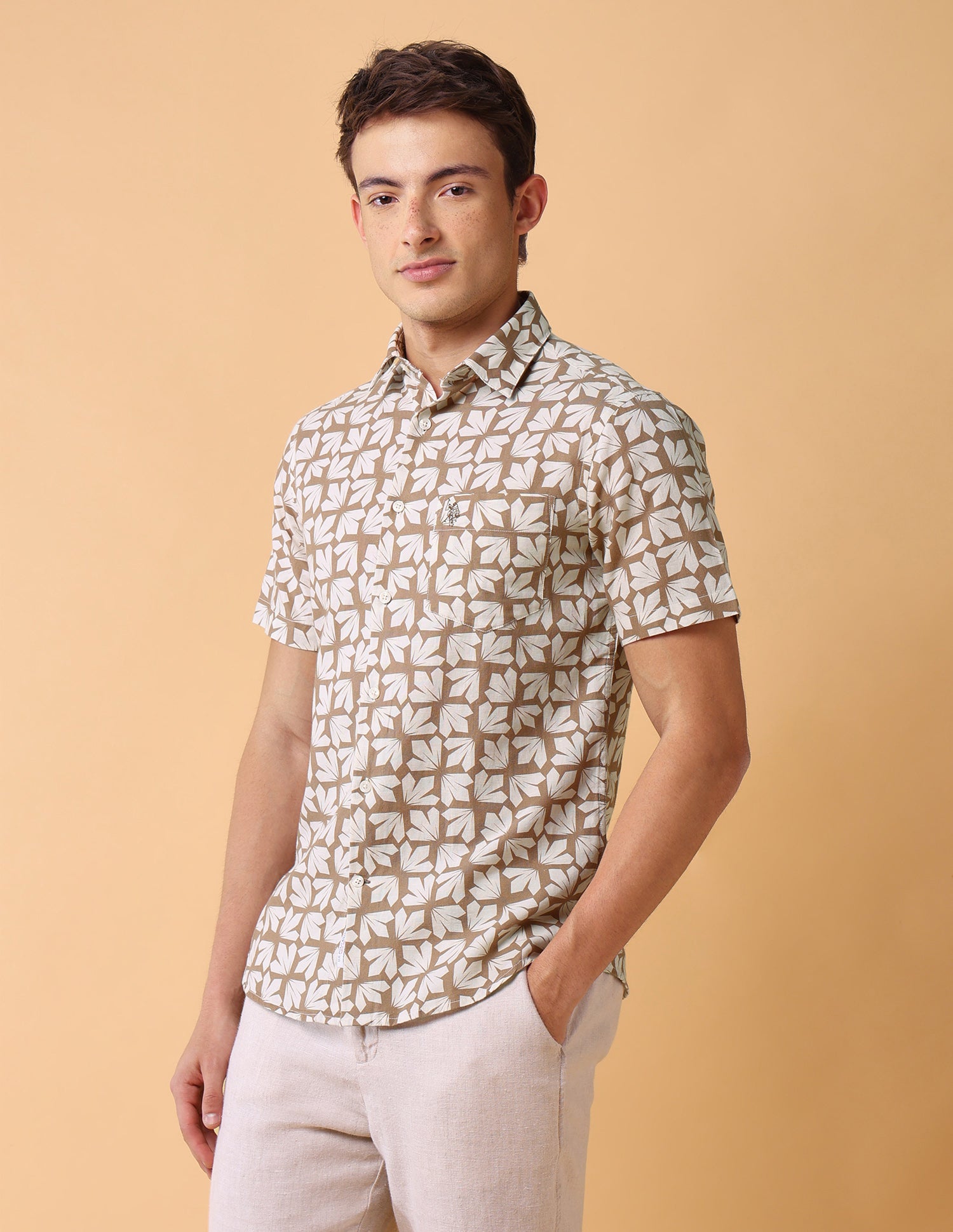 Geometric Printed Regular Fit Shirt Khaki - U.S. Polo Assn. India | Large