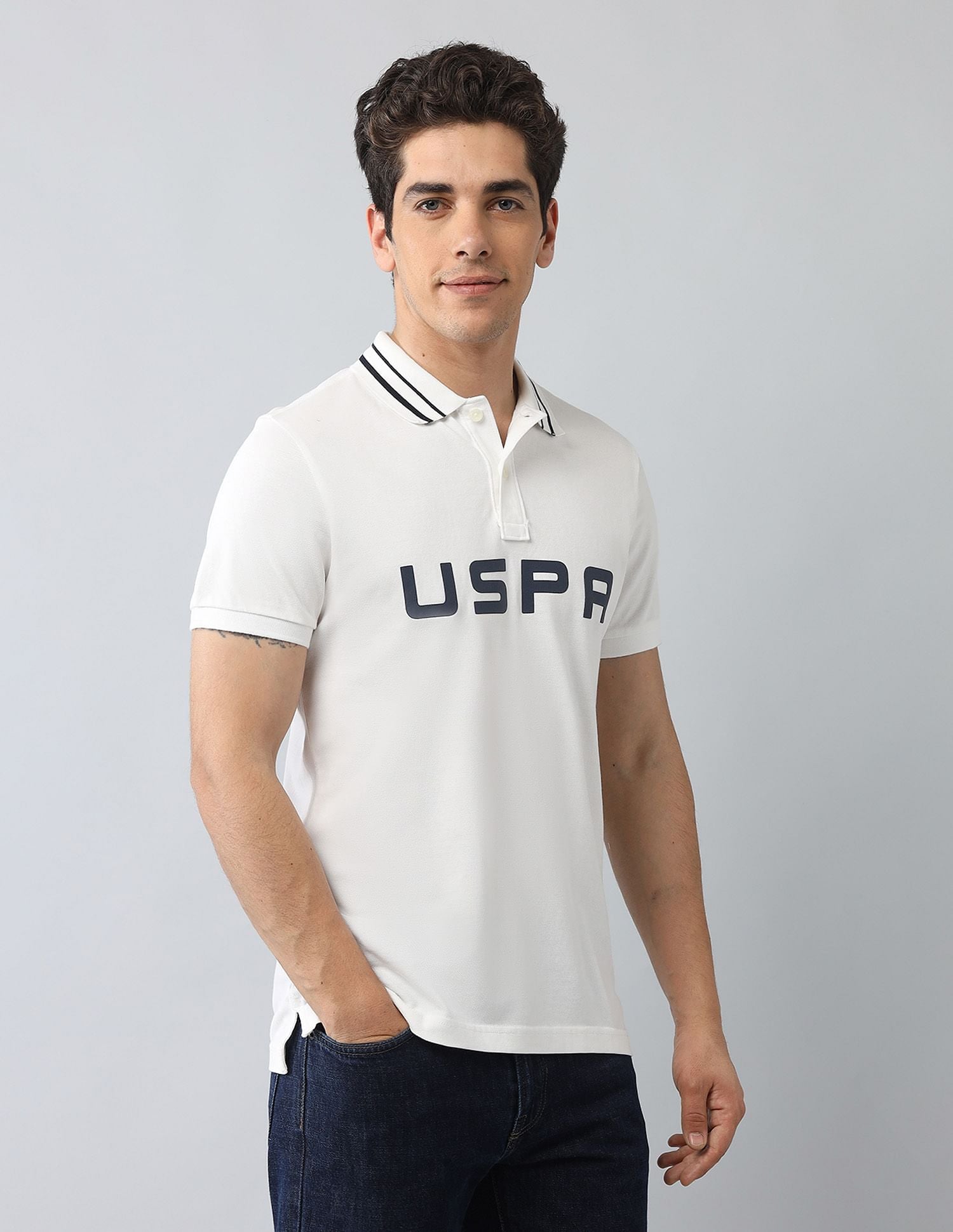 Muscle Fit Brand Printed Polo Shirt Ivory - U.S. Polo Assn. India | Large