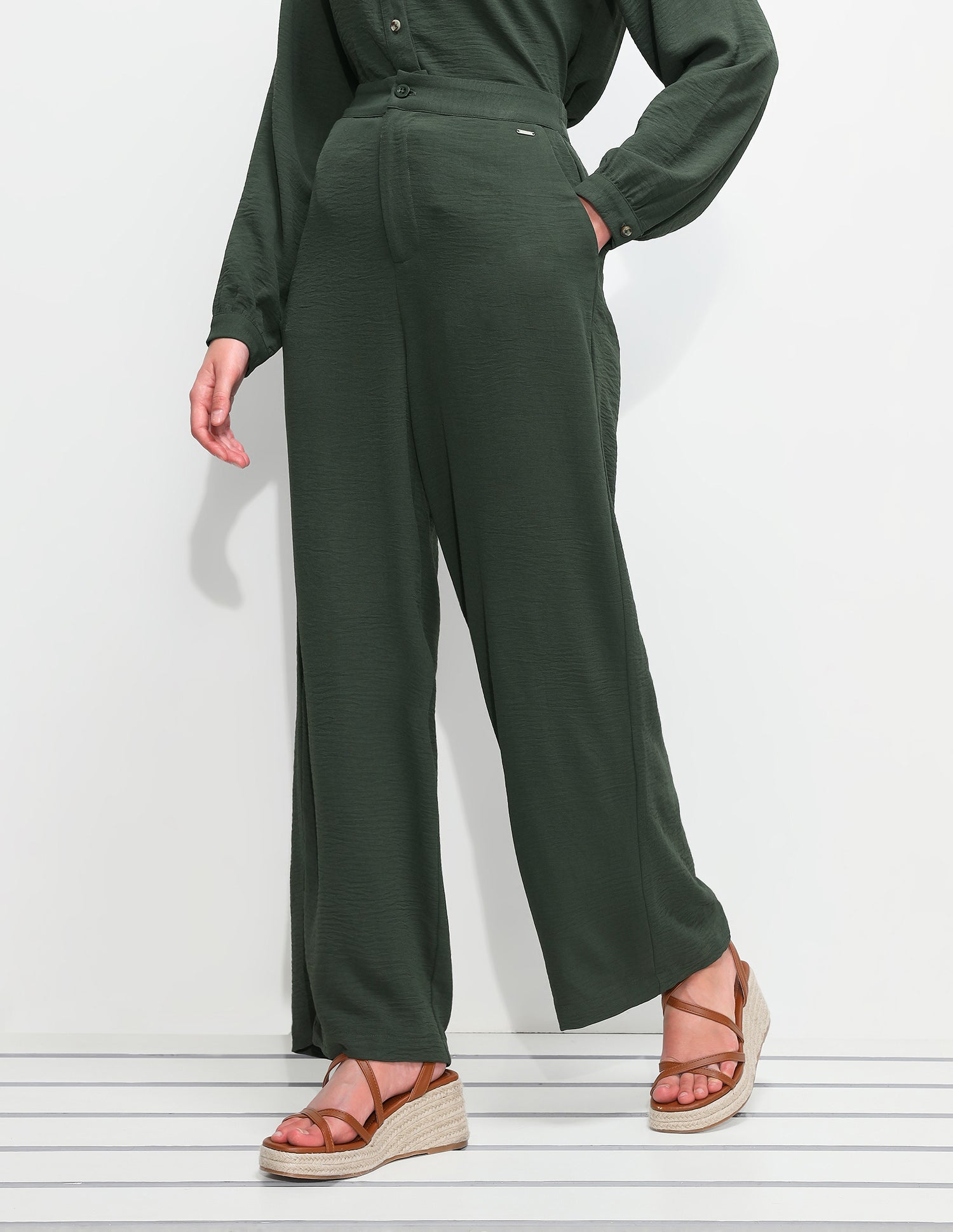 High Rise Wide Leg Fit Trousers Olive - U.S. Polo Assn. India | Large