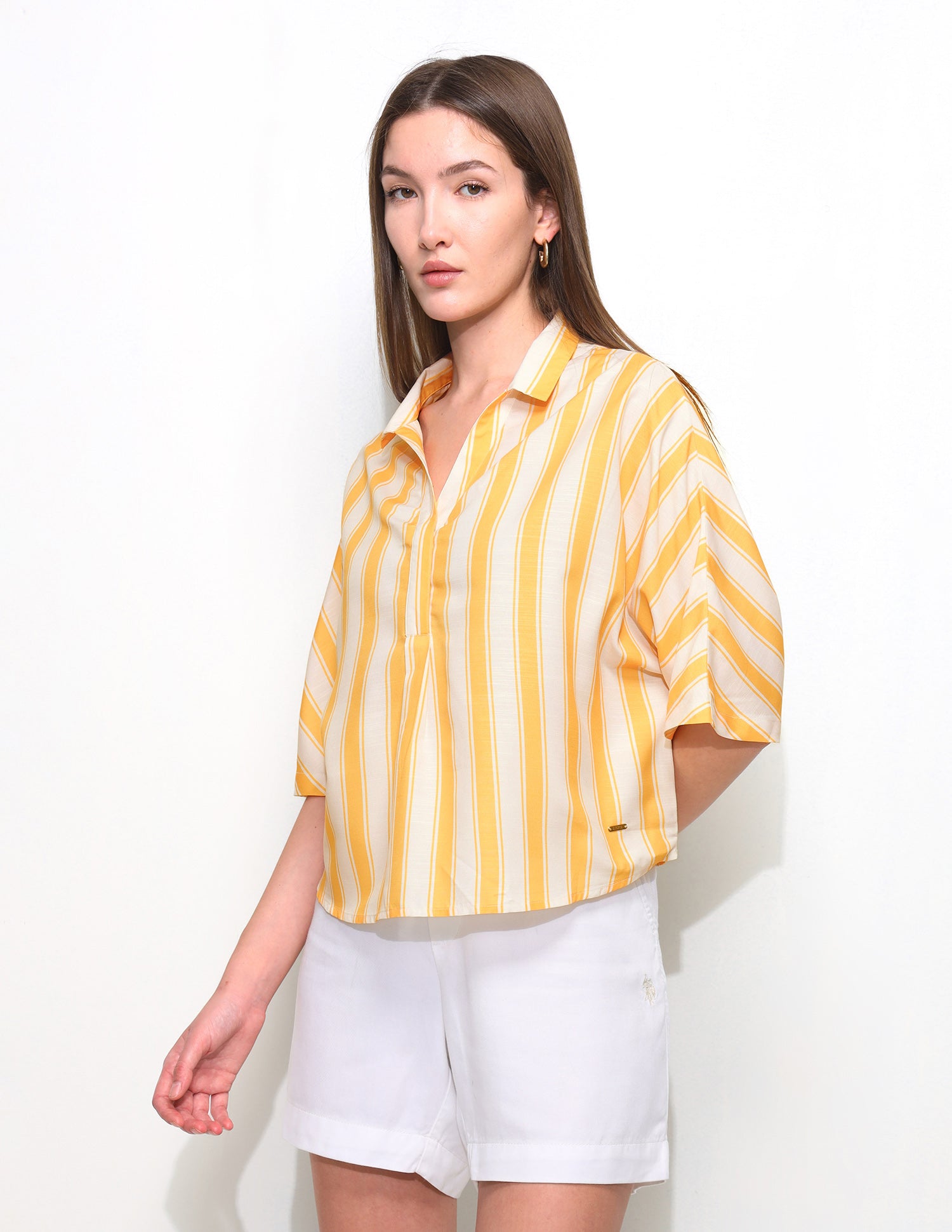 Vertical Striped Elbow Sleeve Top Yellow - U.S. Polo Assn. India | Large