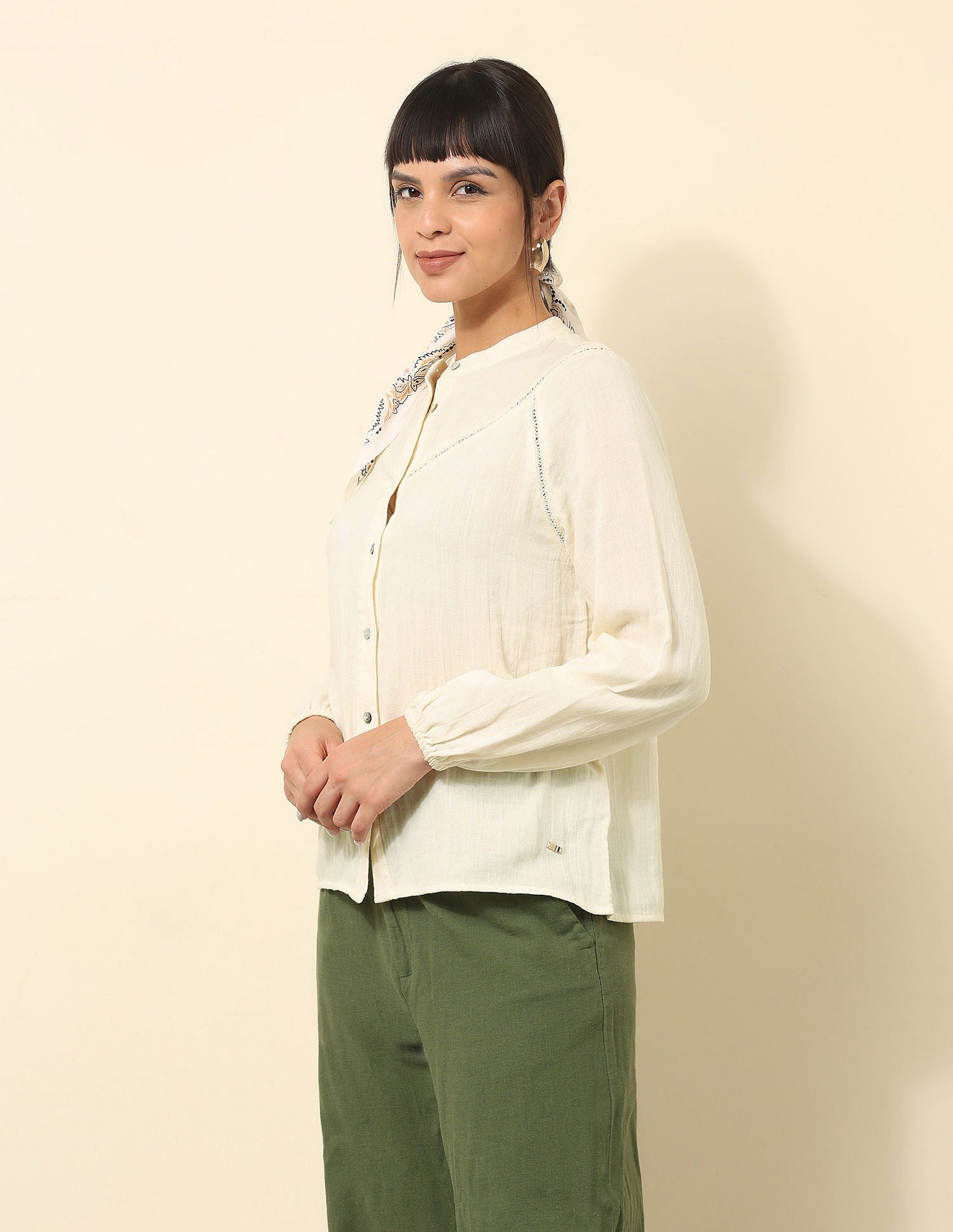 Lace Detailed Solid Shirt Off White - U.S. POLO ASSN. | Large