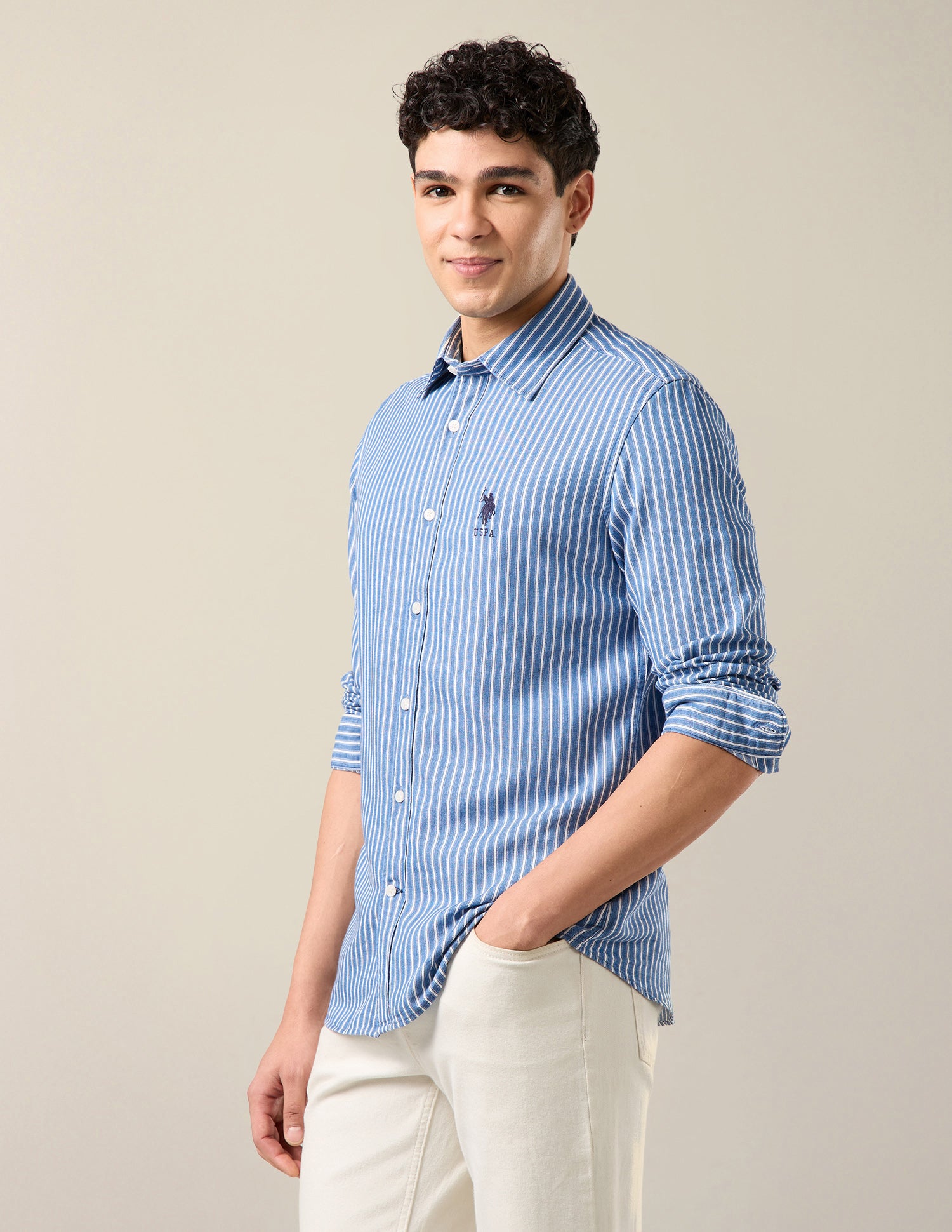 Vertical Striped Twill Shirt Light Indigo - U.S. Polo Assn. India | Large