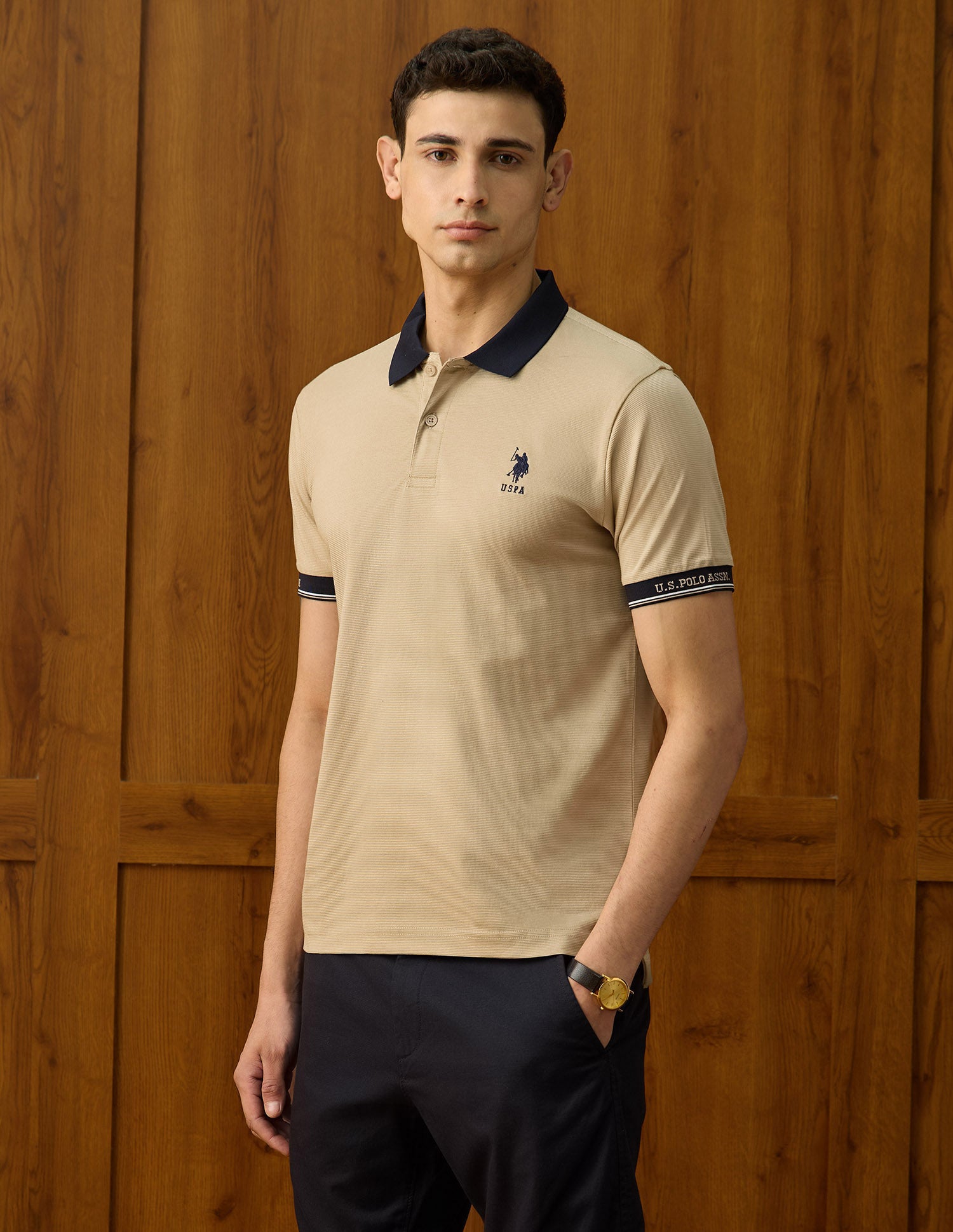 Textured Equestrian Aisle Theater Polo Shirt Light Brown - U.S. Polo Assn. India | Large