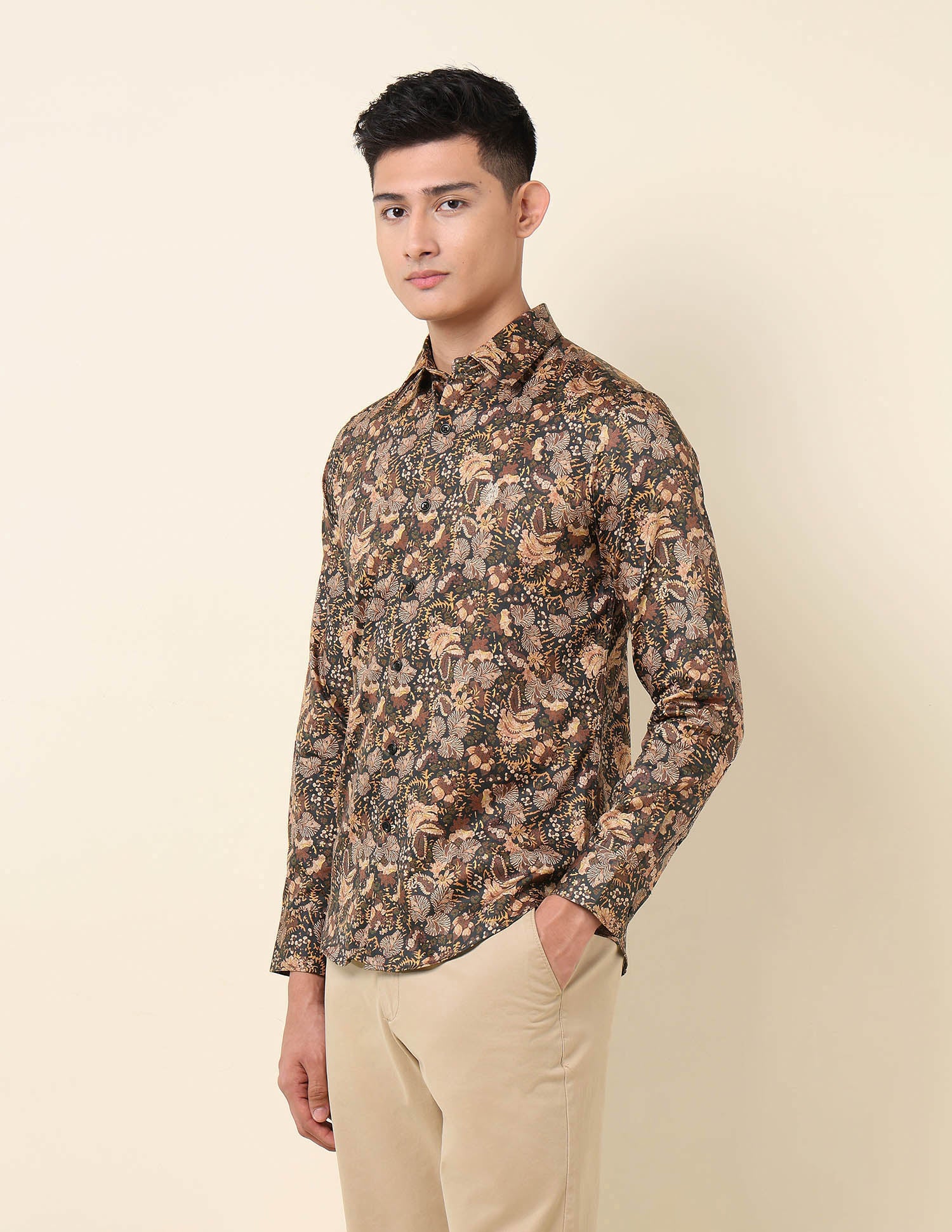 Floral Printed Satin Pure Cotton Shirt Brown - U.S. Polo Assn. India | Large