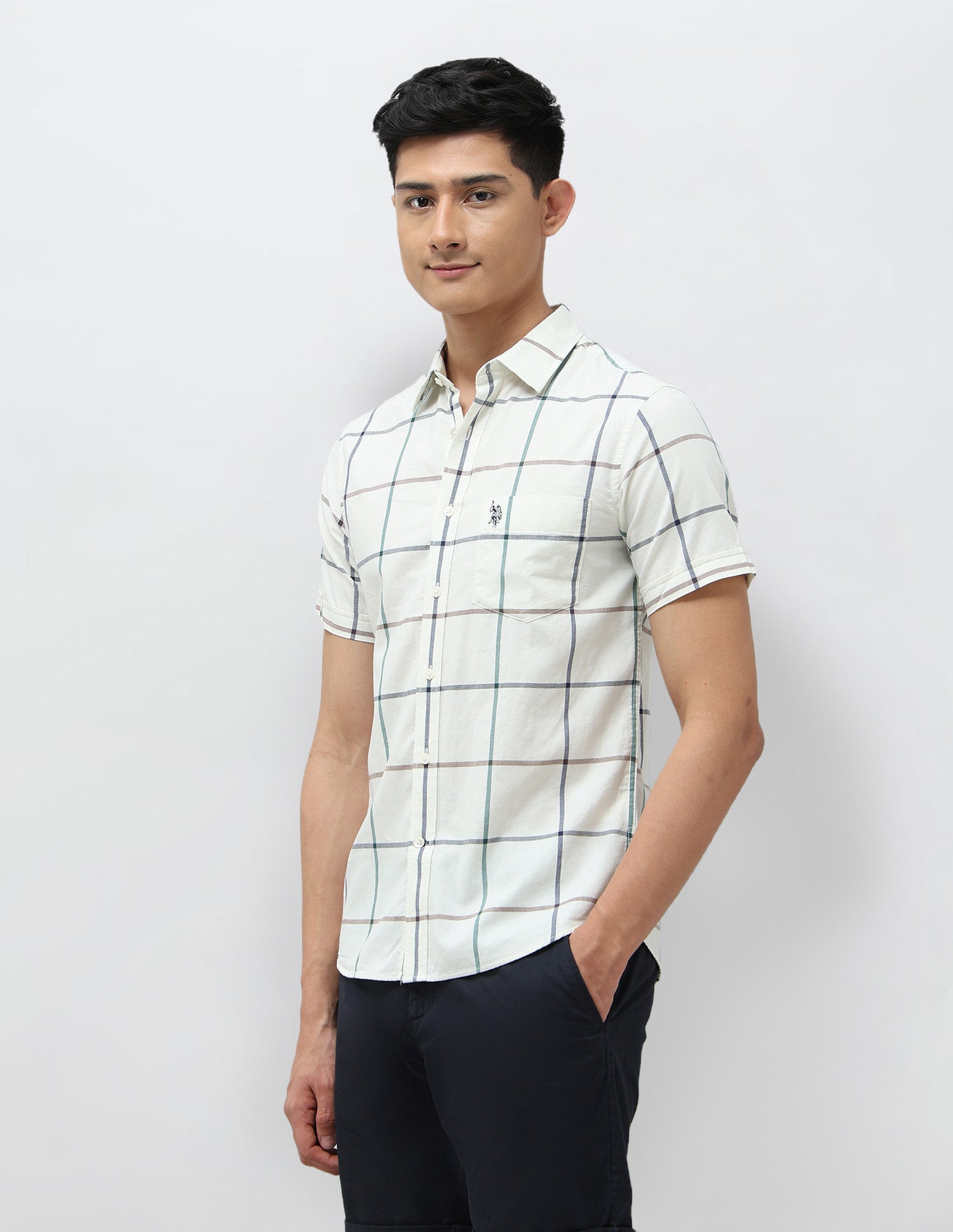 Windowpane Checked Tailored Fit Shirt Ivory - U.S. POLO ASSN. | Large