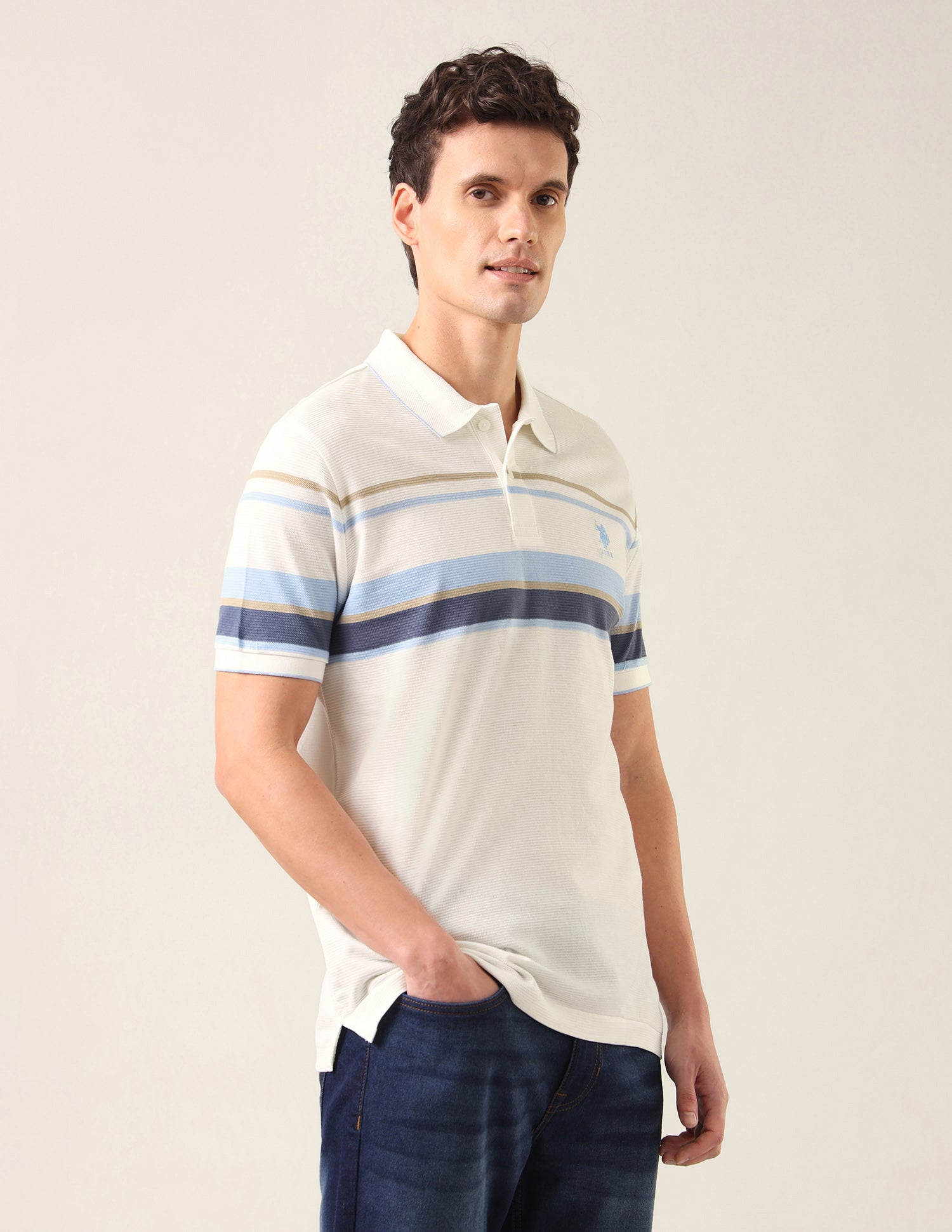 Horizontal Striped Slim Fit Polo Shirt Off White - U.S. Polo Assn. India | Large