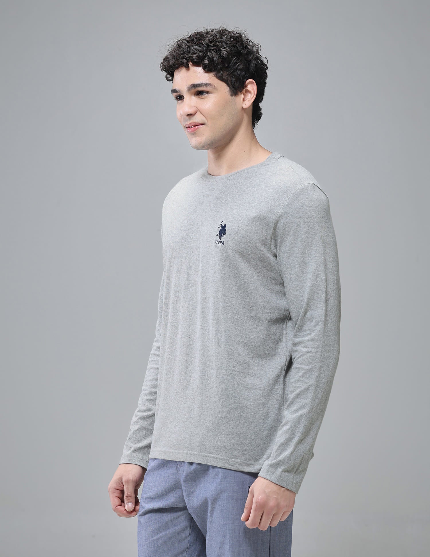 Pure Cotton Long Sleeve I693 Lounge T-Shirt - Pack Of 1 Grey Melange - U.S. Polo Assn. India | Large
