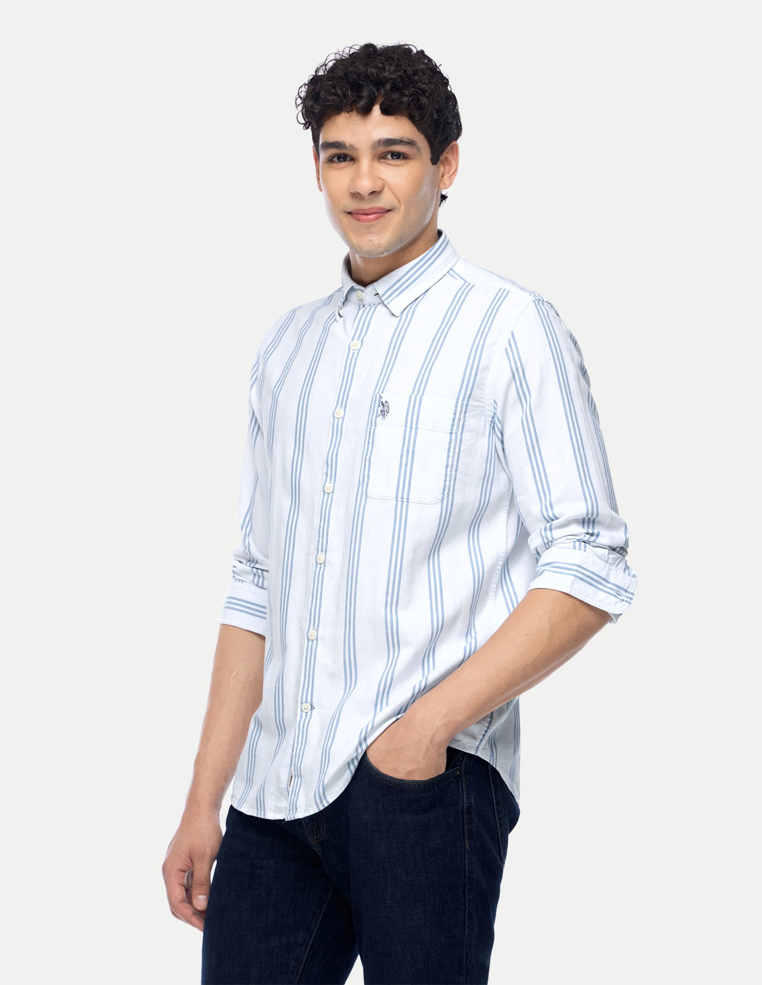 Vertical Striped Regular Fit Shirt Light Indigo - U.S. Polo Assn. India | Large